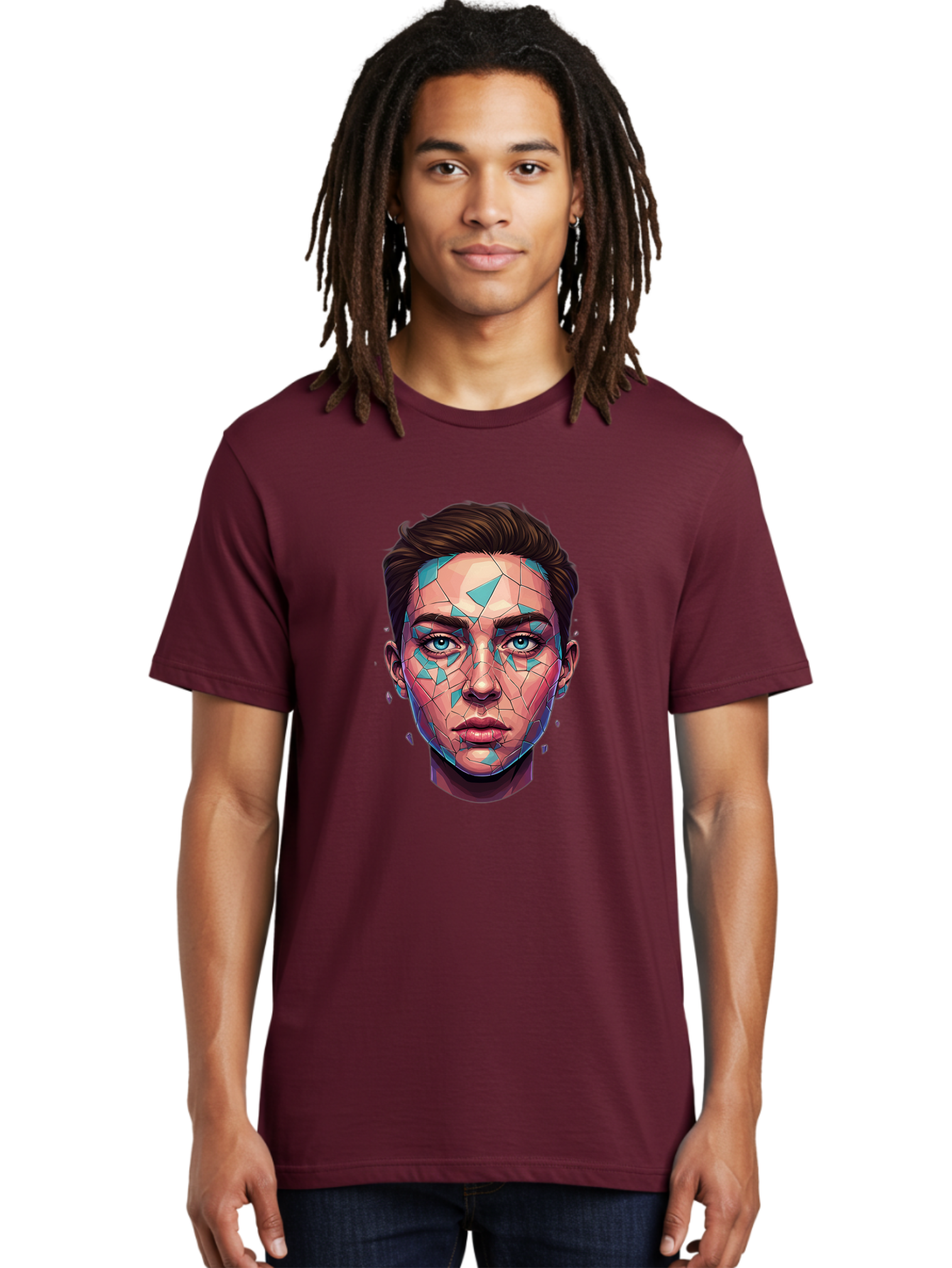 Shards-Portrait Men'S Graphic Tee, 100% Cotton, Comfortable Casual Summer Wear, Machine Washable, Shattered Face, Broken Glass, Blue Shards, Fragmented Identity, Abstract Art, Surrealism, Vibrant Colors, Emotional Distress, Mental Health Bae735 16