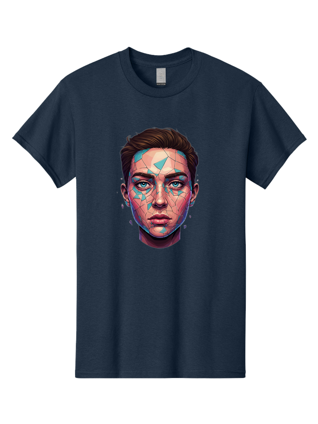 Shards-Portrait Men'S Graphic Tee, 100% Cotton, Comfortable Casual Summer Wear, Machine Washable, Shattered Face, Broken Glass, Blue Shards, Fragmented Identity, Abstract Art, Surrealism, Vibrant Colors, Emotional Distress, Mental Health Bae735 6