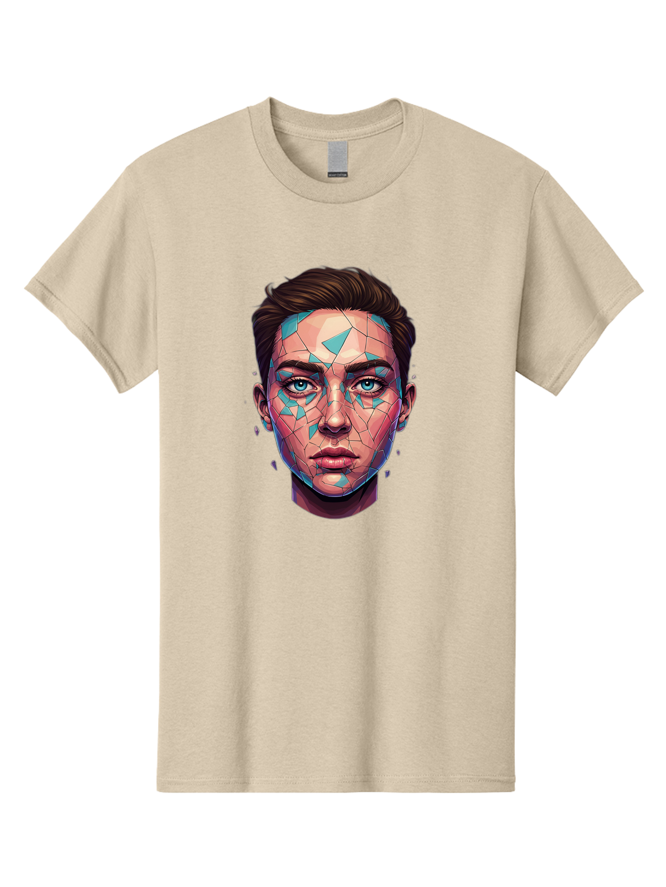 Shards-Portrait Men'S Graphic Tee, 100% Cotton, Comfortable Casual Summer Wear, Machine Washable, Shattered Face, Broken Glass, Blue Shards, Fragmented Identity, Abstract Art, Surrealism, Vibrant Colors, Emotional Distress, Mental Health Bae735 12