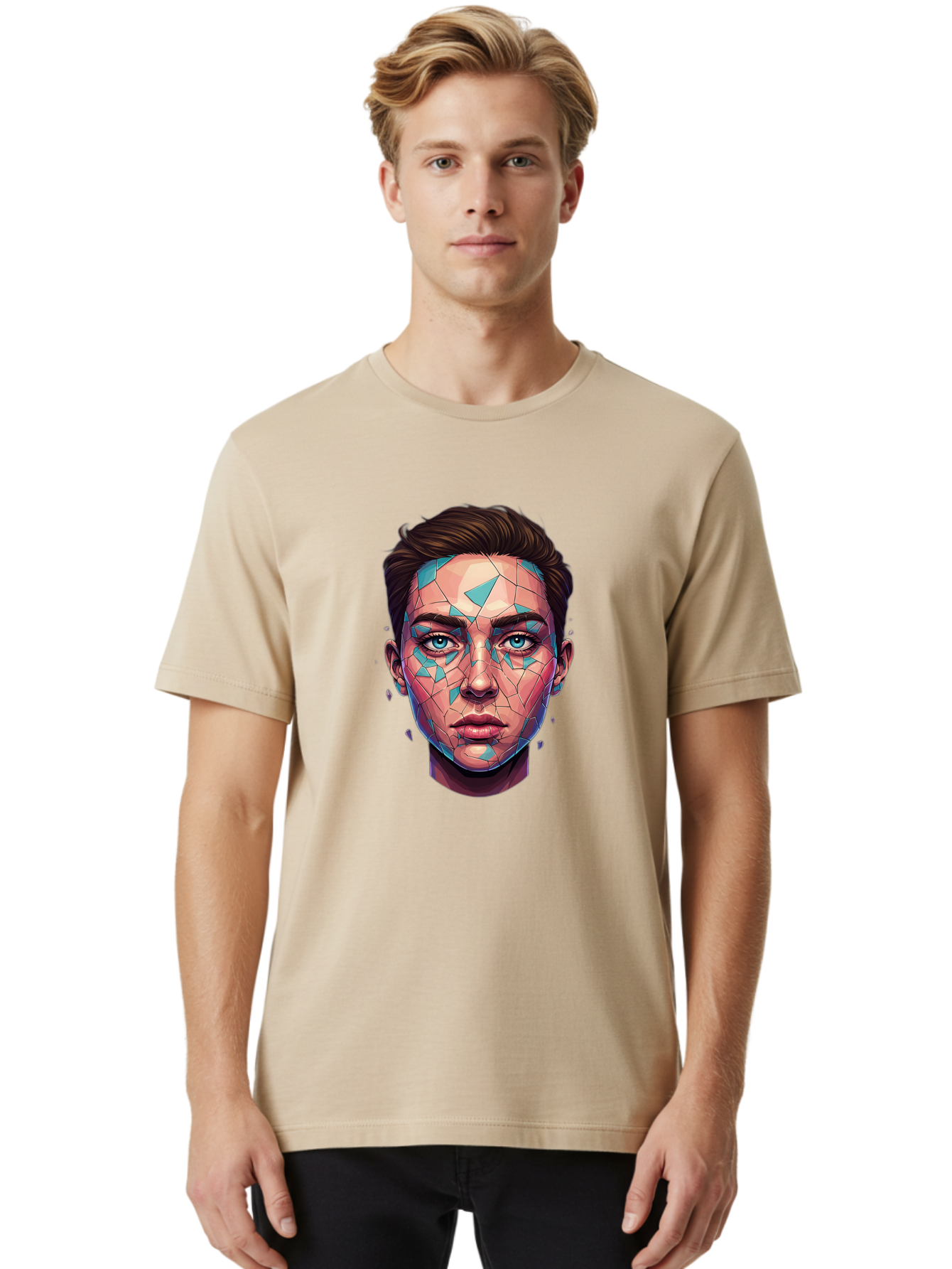 Shards-Portrait Men'S Graphic Tee, 100% Cotton, Comfortable Casual Summer Wear, Machine Washable, Shattered Face, Broken Glass, Blue Shards, Fragmented Identity, Abstract Art, Surrealism, Vibrant Colors, Emotional Distress, Mental Health Bae735 27