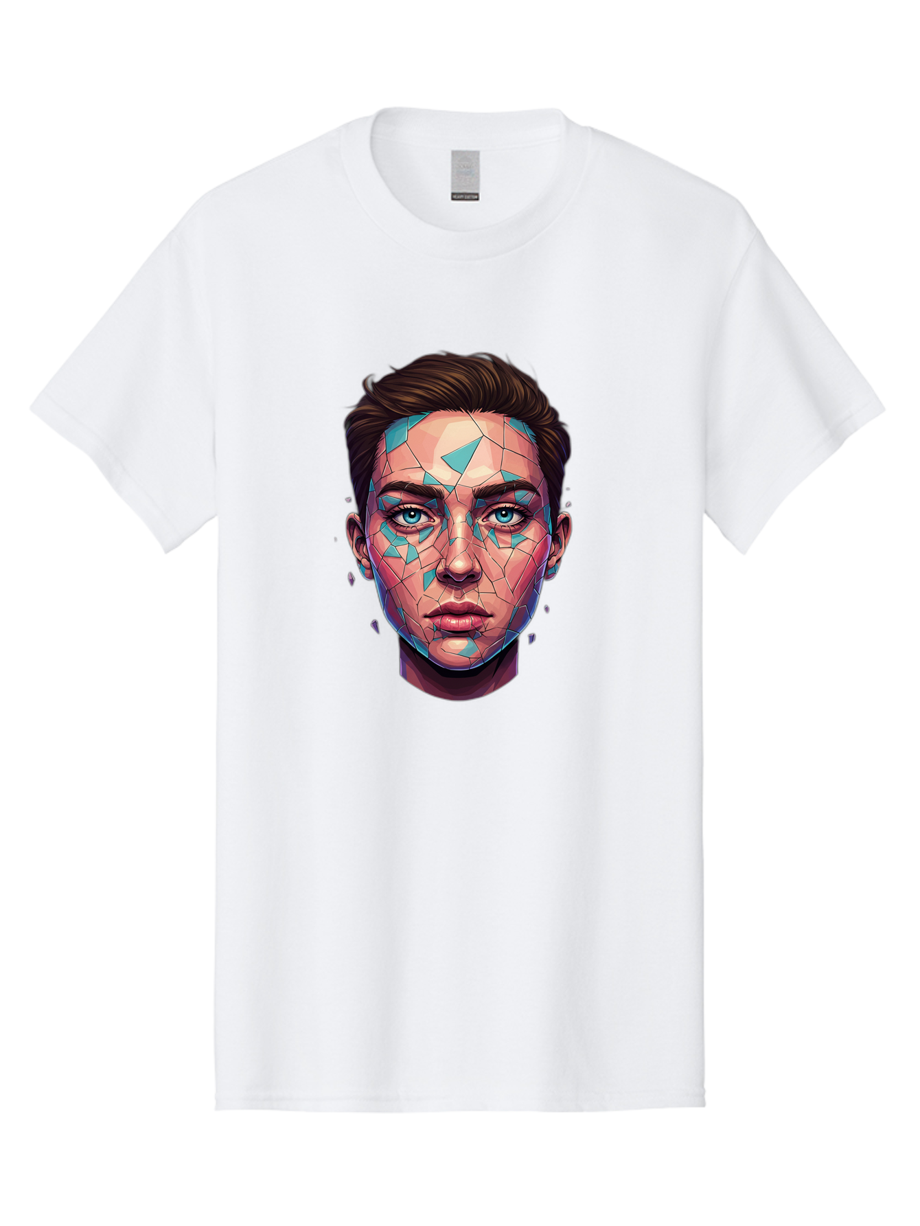 Shards-Portrait Men'S Graphic Tee, 100% Cotton, Comfortable Casual Summer Wear, Machine Washable, Shattered Face, Broken Glass, Blue Shards, Fragmented Identity, Abstract Art, Surrealism, Vibrant Colors, Emotional Distress, Mental Health Bae735 2