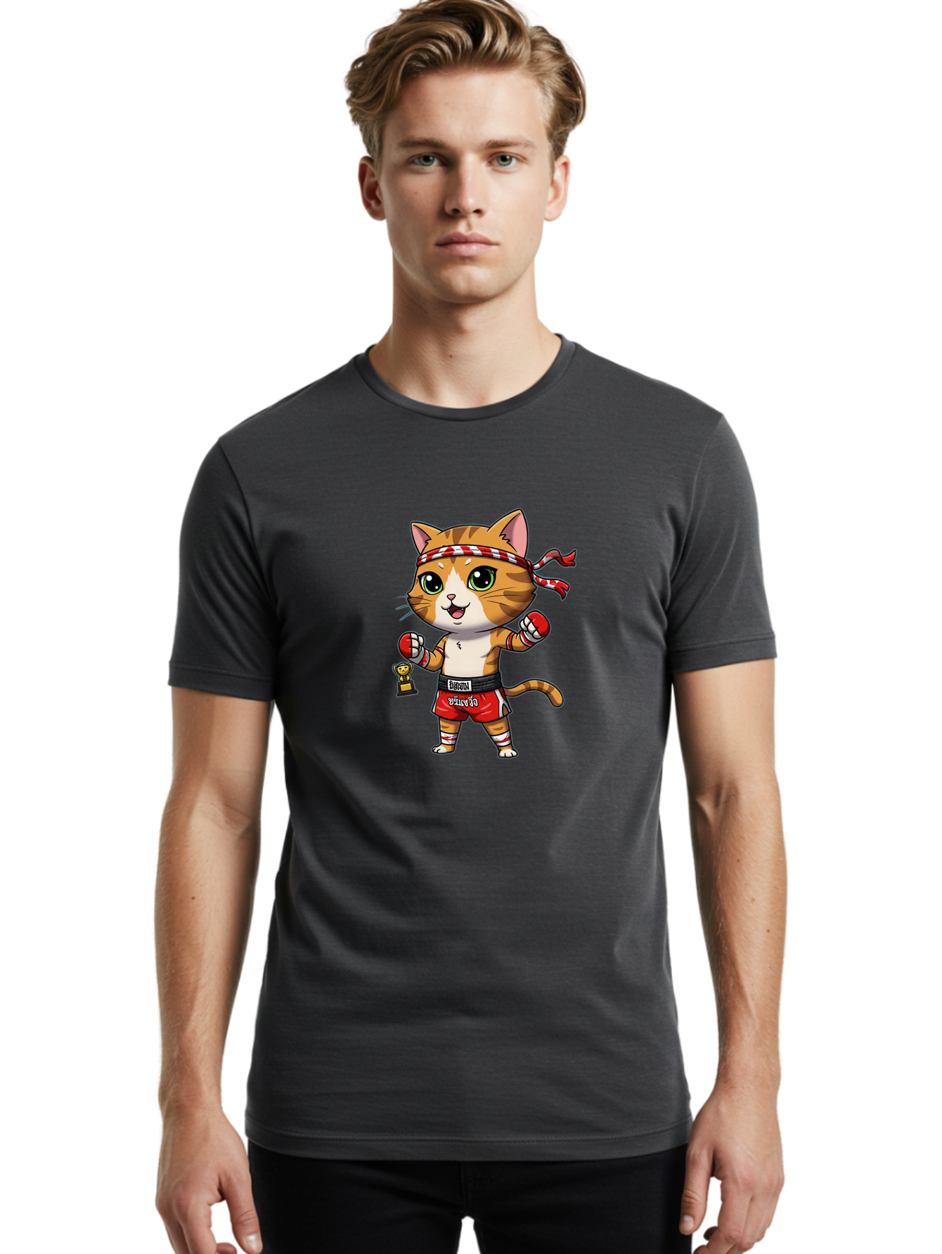 Siamese-Cat Men'S Graphic Tee, 100% Cotton, Comfortable Casual Summer Wear, Machine Washable, Boxing Cat, Cartoon Character, Martial Arts, Funny Animal, Red Boxing Gloves, Dilon Text, Black Belt, Playful Kitty, Adorable Feline, Cartoon Humor Bae736 25
