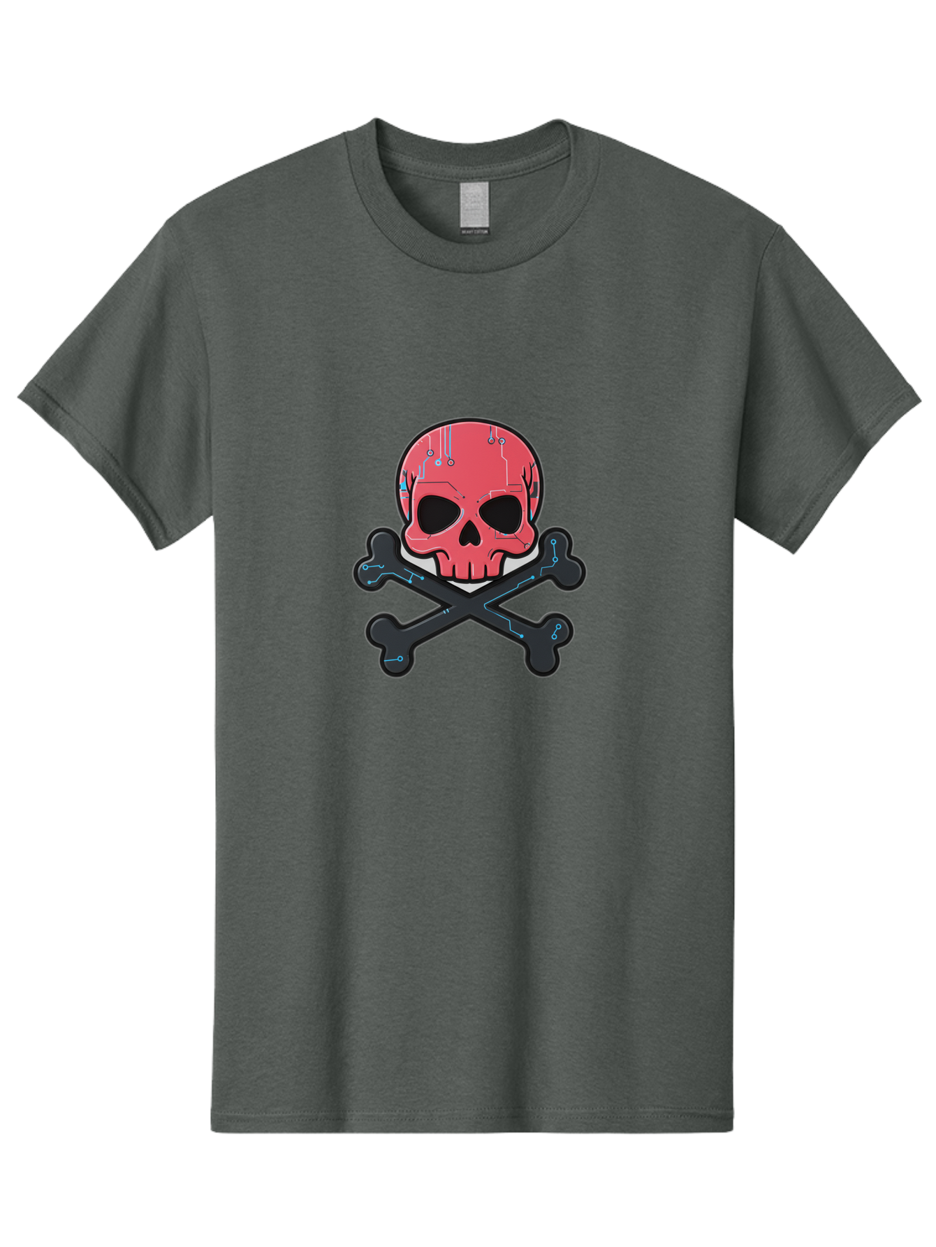 Skull-And-Crossbones-2 Men'S Graphic Tee, 100% Cotton, Comfortable Casual Summer Wear, Machine Washable, Futuristic Skull, Crossbones, Cyberpunk Design, Electronic Circuits, Red Skull, Black Bones, Sci-Fi Elements, Tech-Inspired Art, Bae738 1