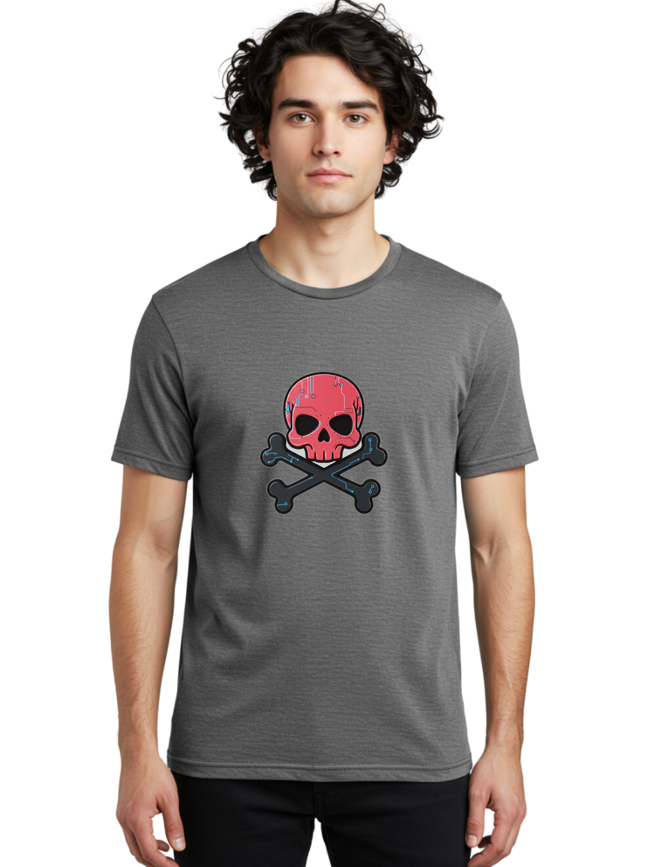 Skull-And-Crossbones-2 Men'S Graphic Tee, 100% Cotton, Comfortable Casual Summer Wear, Machine Washable, Futuristic Skull, Crossbones, Cyberpunk Design, Electronic Circuits, Red Skull, Black Bones, Sci-Fi Elements, Tech-Inspired Art, Bae738 25