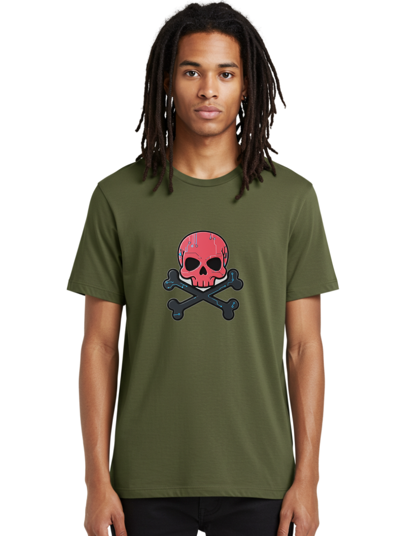 Skull-And-Crossbones-2 Men'S Graphic Tee, 100% Cotton, Comfortable Casual Summer Wear, Machine Washable, Futuristic Skull, Crossbones, Cyberpunk Design, Electronic Circuits, Red Skull, Black Bones, Sci-Fi Elements, Tech-Inspired Art, Bae738 21