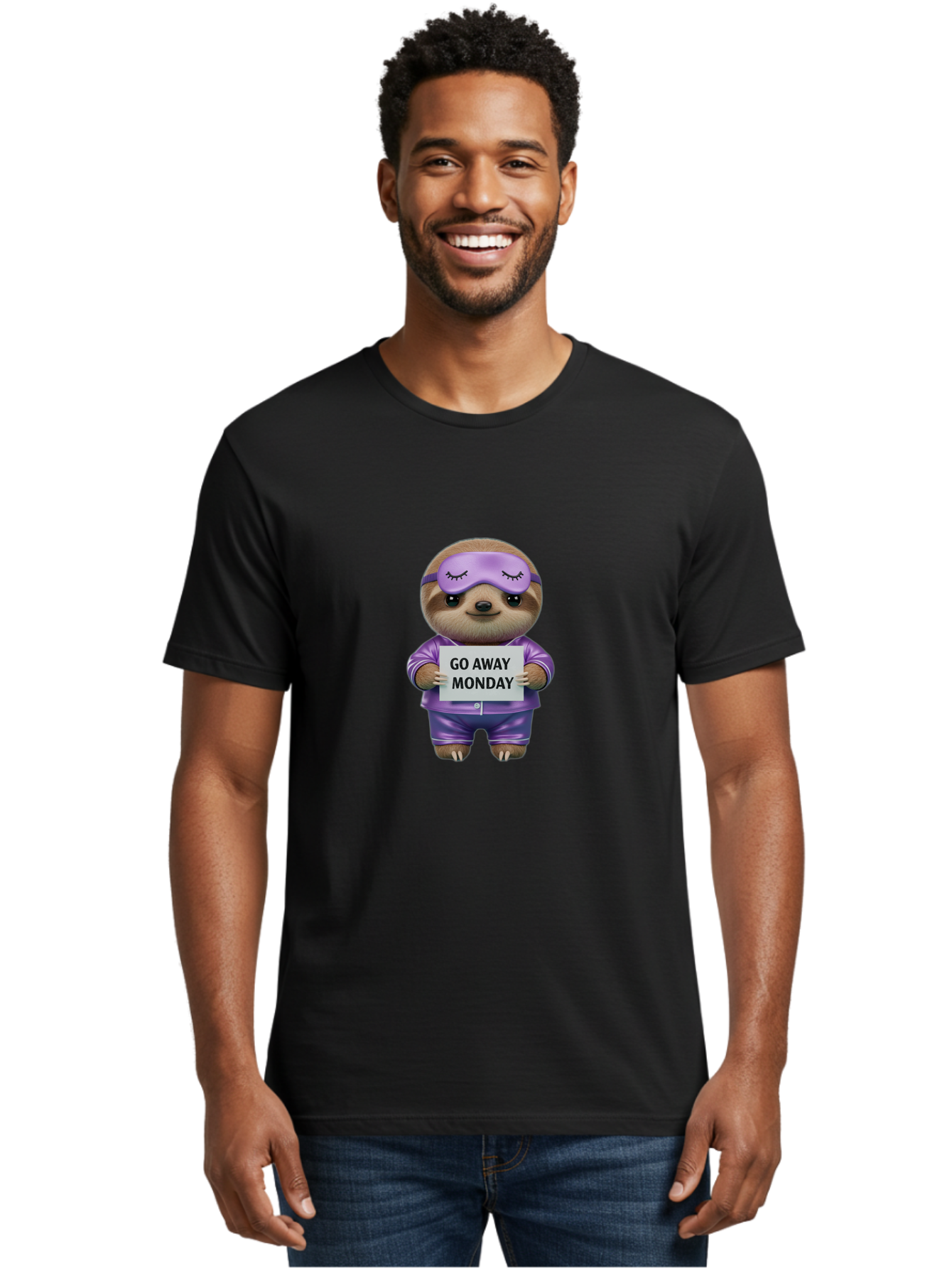 Sloth-Go-Away-Monday-1 Men'S Graphic Tee, 100% Cotton, Comfortable Casual Summer Wear, Machine Washable, Funny Sloth, Cartoon Character, Go Away Monday Sign, Lazy Animal, Purple Pajamas, Sleep Mask, Humorous Illustration, Relaxing Vibe, Bae753 16