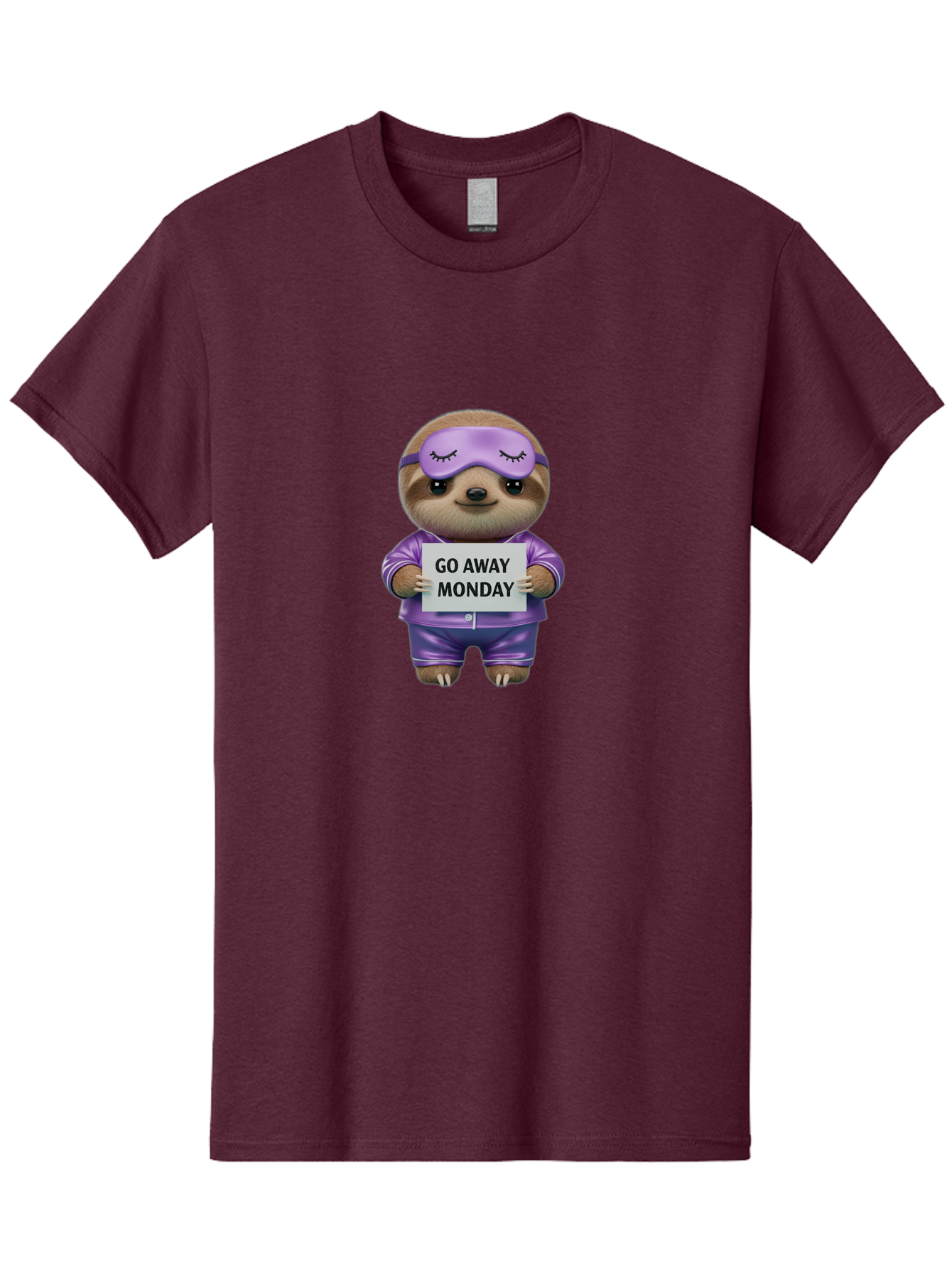Sloth-Go-Away-Monday-1 Men'S Graphic Tee, 100% Cotton, Comfortable Casual Summer Wear, Machine Washable, Funny Sloth, Cartoon Character, Go Away Monday Sign, Lazy Animal, Purple Pajamas, Sleep Mask, Humorous Illustration, Relaxing Vibe, Bae753 12