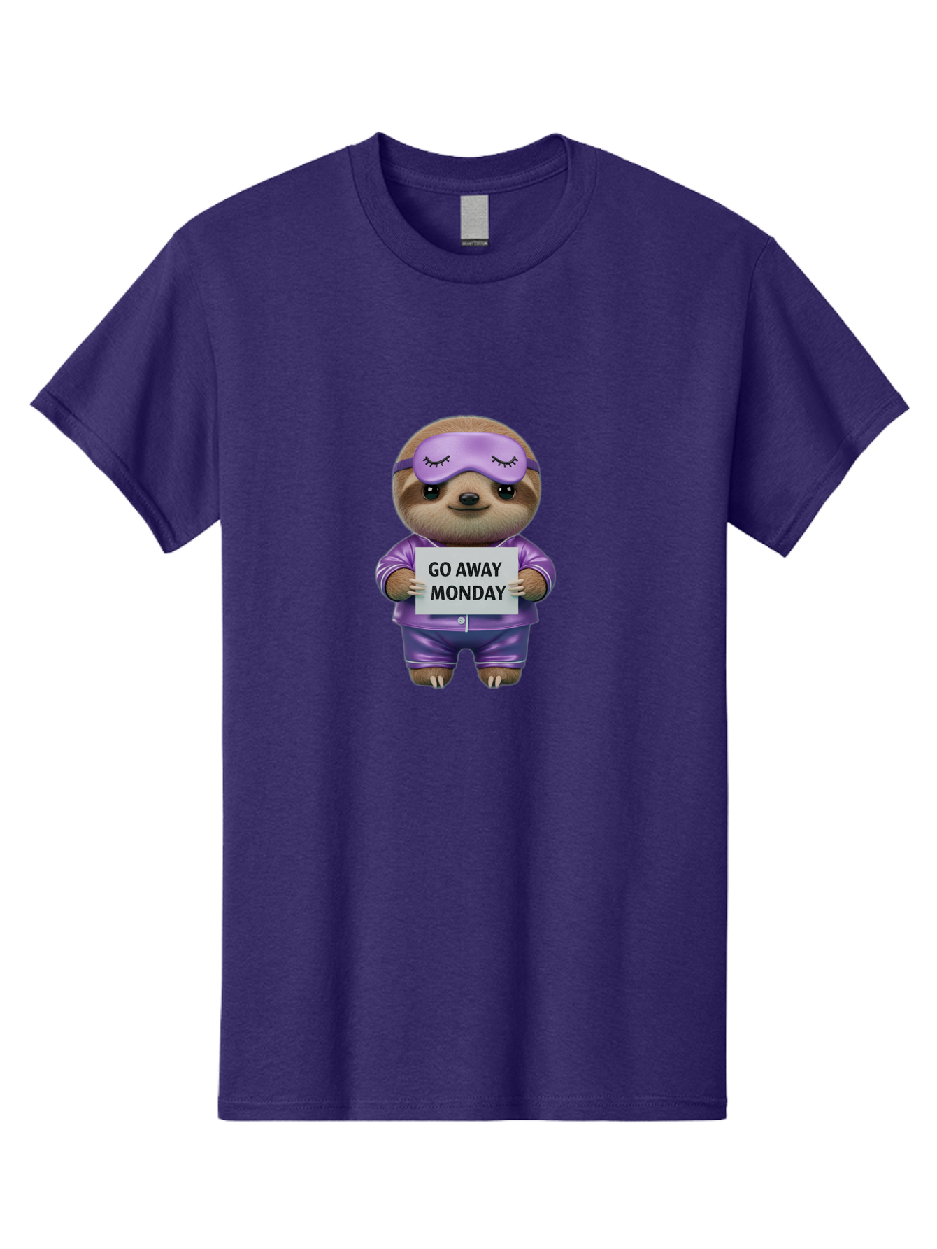 Sloth-Go-Away-Monday-1 Men'S Graphic Tee, 100% Cotton, Comfortable Casual Summer Wear, Machine Washable, Funny Sloth, Cartoon Character, Go Away Monday Sign, Lazy Animal, Purple Pajamas, Sleep Mask, Humorous Illustration, Relaxing Vibe, Bae753 9