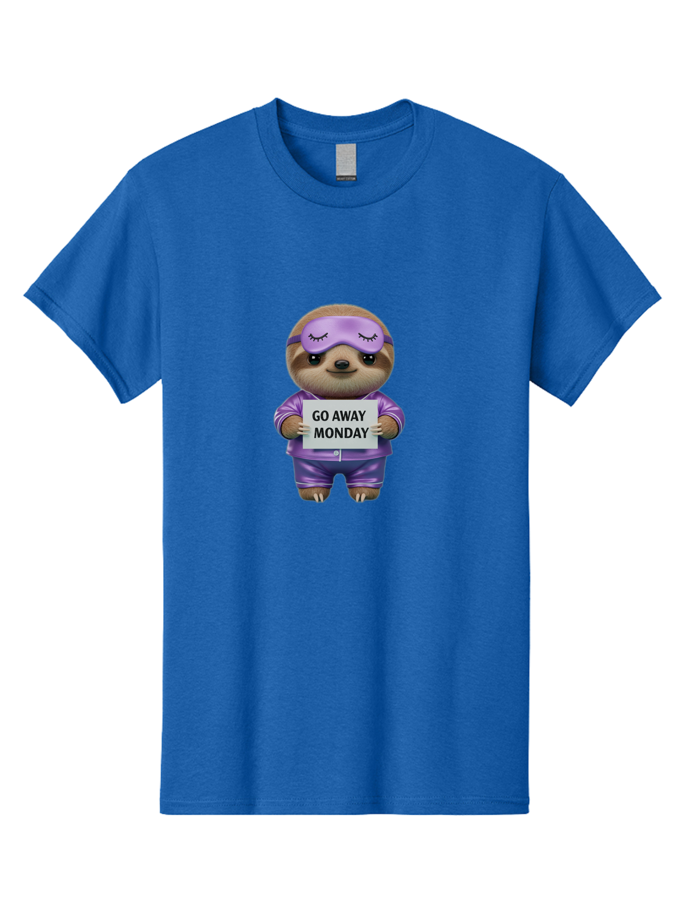 Sloth-Go-Away-Monday-1 Men'S Graphic Tee, 100% Cotton, Comfortable Casual Summer Wear, Machine Washable, Funny Sloth, Cartoon Character, Go Away Monday Sign, Lazy Animal, Purple Pajamas, Sleep Mask, Humorous Illustration, Relaxing Vibe, Bae753 13
