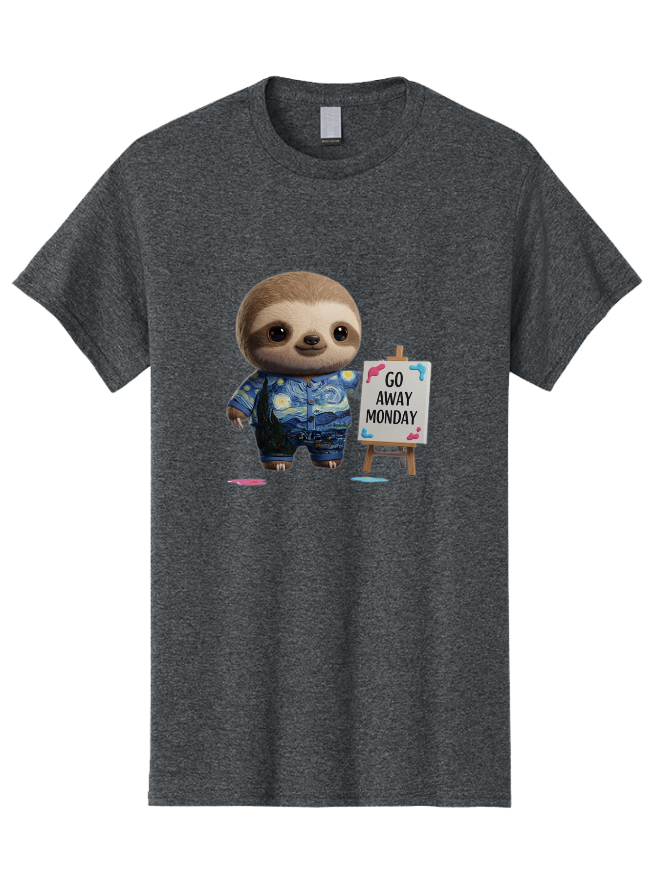 Sloth-Go-Away-Monday-2 Men'S Graphic Tee, 100% Cotton, Comfortable Casual Summer Wear, Machine Washable, Funny Sloth Meme, Monday Motivation, Art Humor, Creative Sloth, Van Gogh-Inspired Outfit, Humorous Canvas, Quirky Character, Monday Blues, Bae754 12