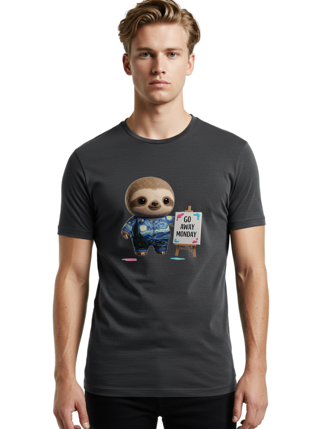 Sloth-Go-Away-Monday-2 Men'S Graphic Tee, 100% Cotton, Comfortable Casual Summer Wear, Machine Washable, Funny Sloth Meme, Monday Motivation, Art Humor, Creative Sloth, Van Gogh-Inspired Outfit, Humorous Canvas, Quirky Character, Monday Blues, Bae754 27
