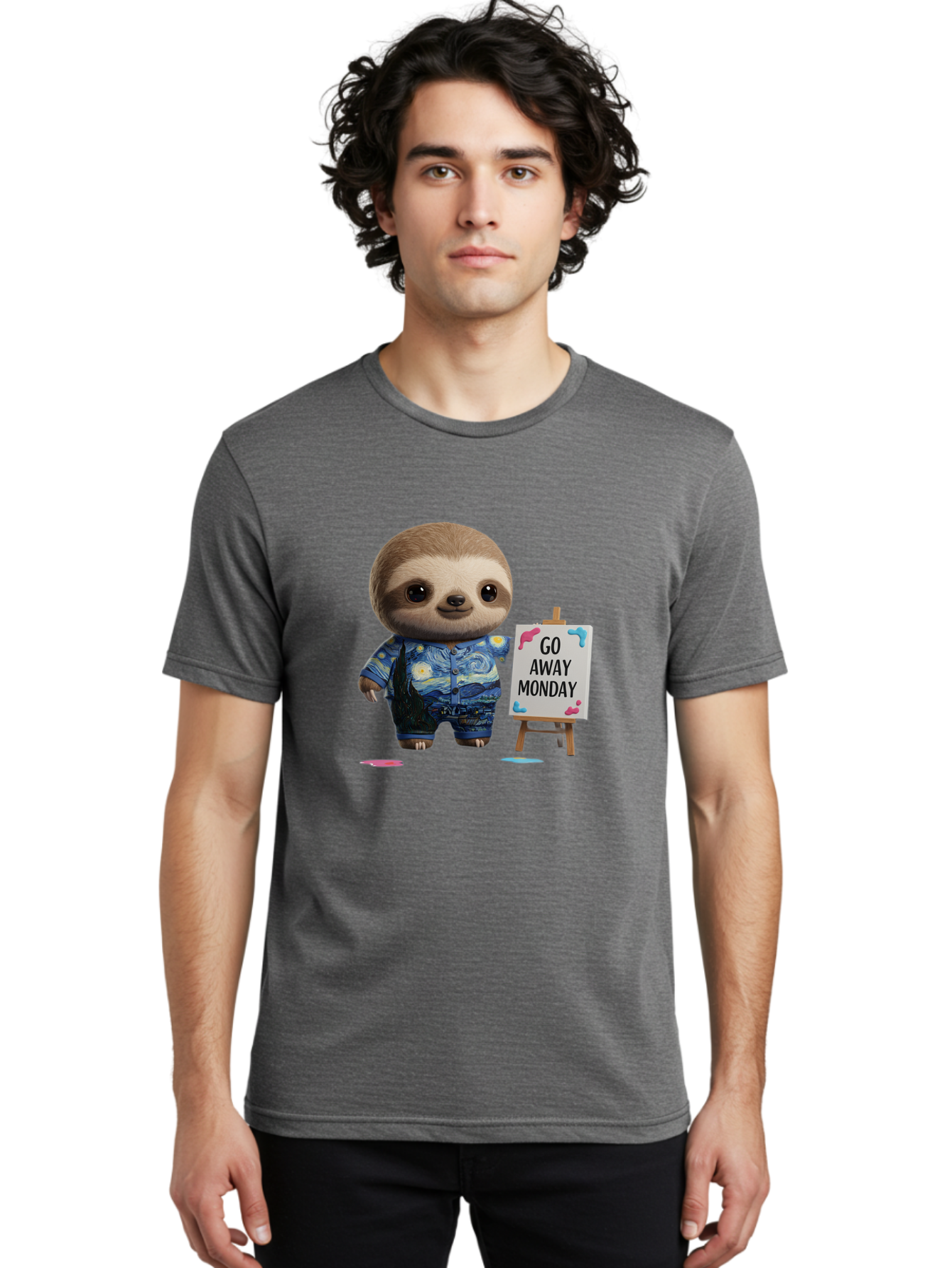Sloth-Go-Away-Monday-2 Men'S Graphic Tee, 100% Cotton, Comfortable Casual Summer Wear, Machine Washable, Funny Sloth Meme, Monday Motivation, Art Humor, Creative Sloth, Van Gogh-Inspired Outfit, Humorous Canvas, Quirky Character, Monday Blues, Bae754 30