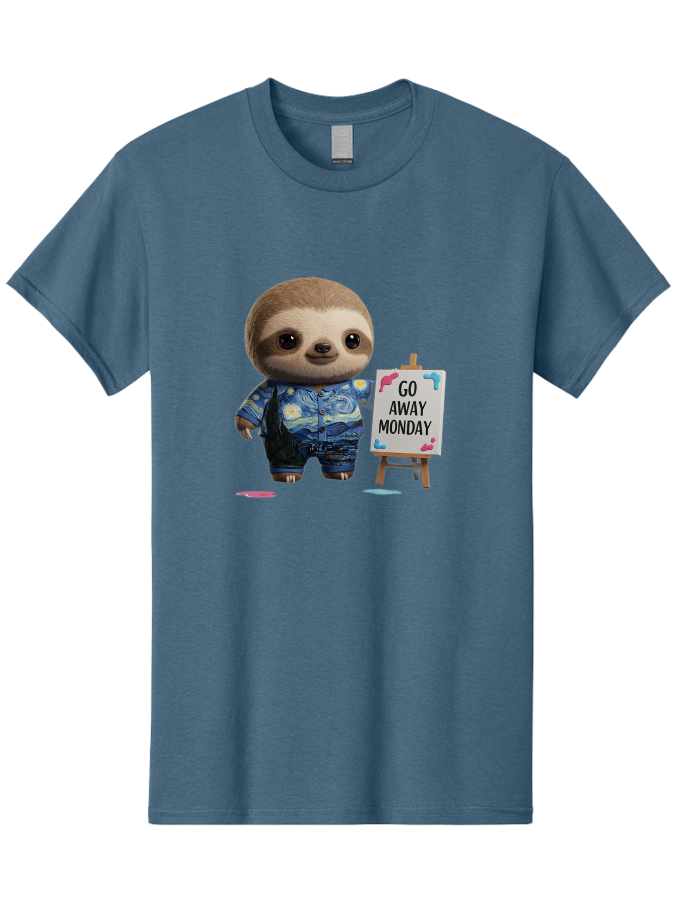 Sloth-Go-Away-Monday-2 Men'S Graphic Tee, 100% Cotton, Comfortable Casual Summer Wear, Machine Washable, Funny Sloth Meme, Monday Motivation, Art Humor, Creative Sloth, Van Gogh-Inspired Outfit, Humorous Canvas, Quirky Character, Monday Blues, Bae754 13