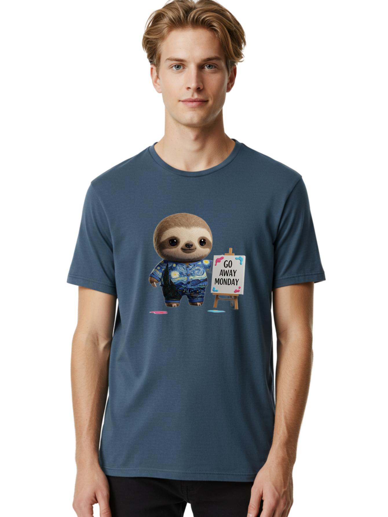 Sloth-Go-Away-Monday-2 Men'S Graphic Tee, 100% Cotton, Comfortable Casual Summer Wear, Machine Washable, Funny Sloth Meme, Monday Motivation, Art Humor, Creative Sloth, Van Gogh-Inspired Outfit, Humorous Canvas, Quirky Character, Monday Blues, Bae754 28