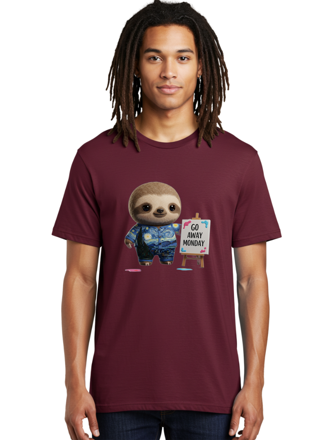 Sloth-Go-Away-Monday-2 Men'S Graphic Tee, 100% Cotton, Comfortable Casual Summer Wear, Machine Washable, Funny Sloth Meme, Monday Motivation, Art Humor, Creative Sloth, Van Gogh-Inspired Outfit, Humorous Canvas, Quirky Character, Monday Blues, Bae754 17