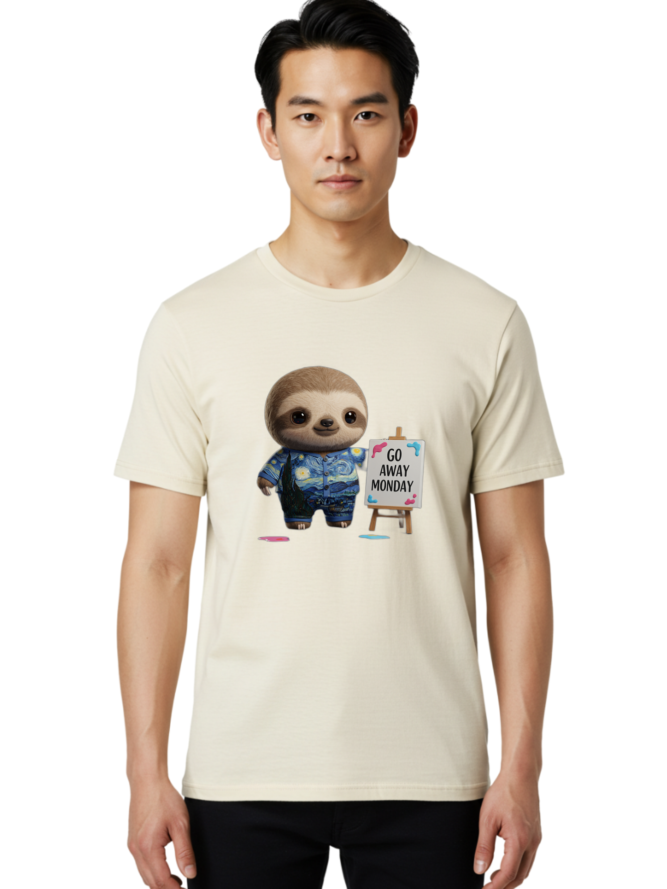 Sloth-Go-Away-Monday-2 Men'S Graphic Tee, 100% Cotton, Comfortable Casual Summer Wear, Machine Washable, Funny Sloth Meme, Monday Motivation, Art Humor, Creative Sloth, Van Gogh-Inspired Outfit, Humorous Canvas, Quirky Character, Monday Blues, Bae754 20