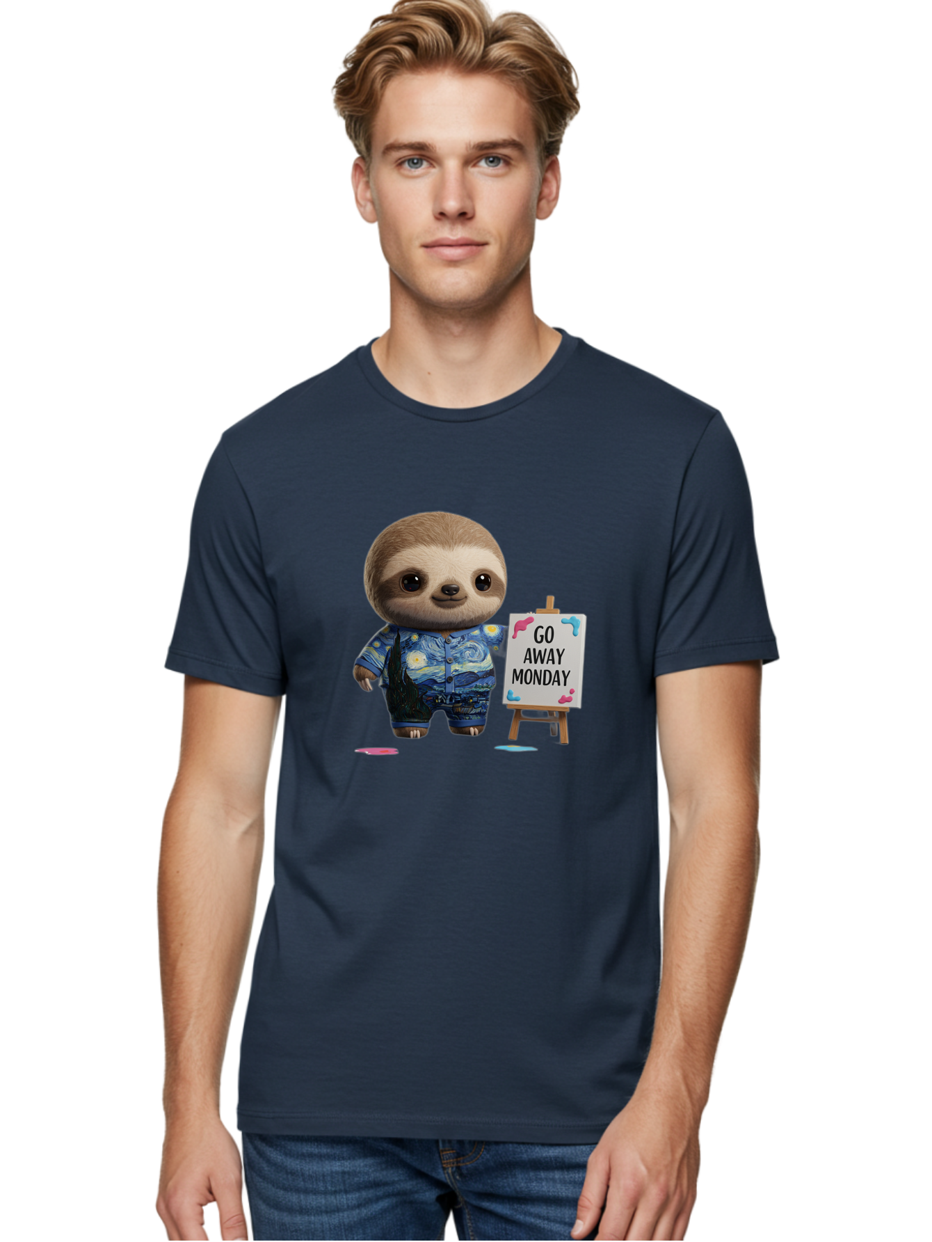 Sloth-Go-Away-Monday-2 Men'S Graphic Tee, 100% Cotton, Comfortable Casual Summer Wear, Machine Washable, Funny Sloth Meme, Monday Motivation, Art Humor, Creative Sloth, Van Gogh-Inspired Outfit, Humorous Canvas, Quirky Character, Monday Blues, Bae754 26
