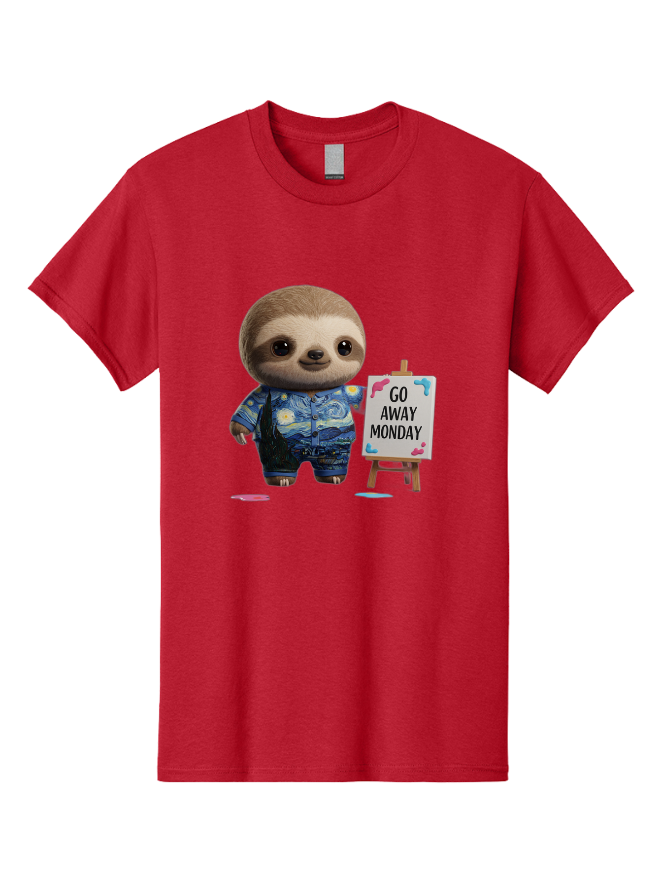 Sloth-Go-Away-Monday-2 Men'S Graphic Tee, 100% Cotton, Comfortable Casual Summer Wear, Machine Washable, Funny Sloth Meme, Monday Motivation, Art Humor, Creative Sloth, Van Gogh-Inspired Outfit, Humorous Canvas, Quirky Character, Monday Blues, Bae754 7