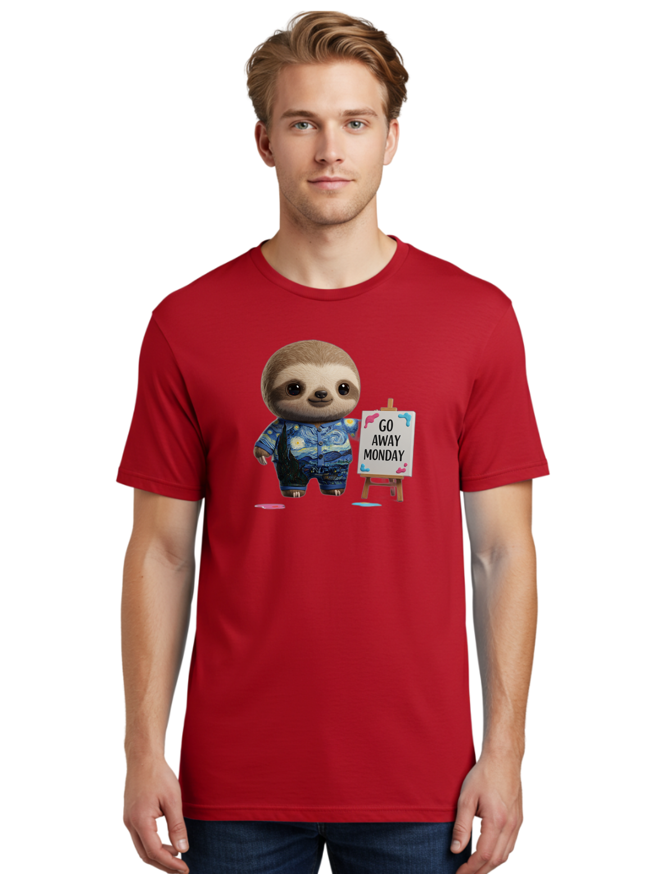 Sloth-Go-Away-Monday-2 Men'S Graphic Tee, 100% Cotton, Comfortable Casual Summer Wear, Machine Washable, Funny Sloth Meme, Monday Motivation, Art Humor, Creative Sloth, Van Gogh-Inspired Outfit, Humorous Canvas, Quirky Character, Monday Blues, Bae754 22