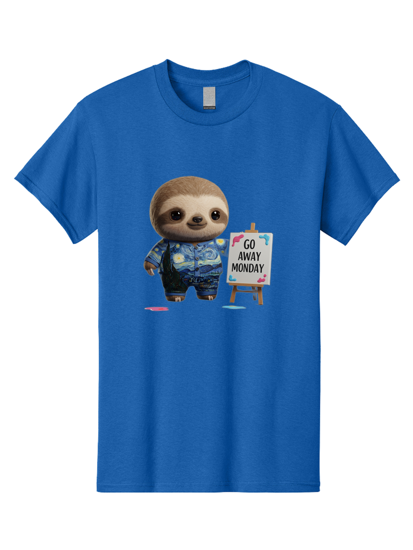 Sloth-Go-Away-Monday-2 Men'S Graphic Tee, 100% Cotton, Comfortable Casual Summer Wear, Machine Washable, Funny Sloth Meme, Monday Motivation, Art Humor, Creative Sloth, Van Gogh-Inspired Outfit, Humorous Canvas, Quirky Character, Monday Blues, Bae754 9