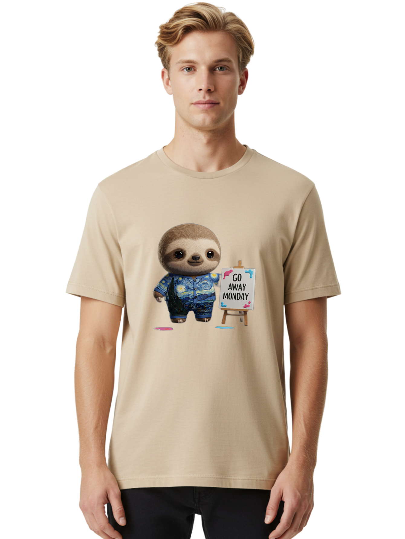 Sloth-Go-Away-Monday-2 Men'S Graphic Tee, 100% Cotton, Comfortable Casual Summer Wear, Machine Washable, Funny Sloth Meme, Monday Motivation, Art Humor, Creative Sloth, Van Gogh-Inspired Outfit, Humorous Canvas, Quirky Character, Monday Blues, Bae754 25