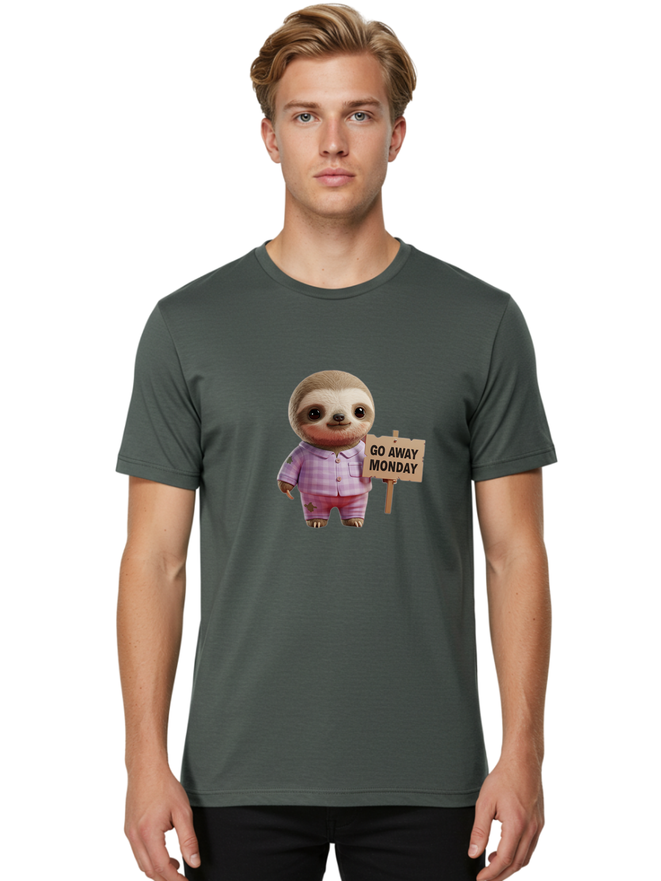 Sloth-Go-Away-Monday Men'S Graphic Tee, 100% Cotton, Comfortable Casual Summer Wear, Machine Washable, Sloth In Pajamas, Cartoon Character, Humorous Illustration, Funny Animal, Monday Motivation, Lazy Sloth, Cute Creature, Playful Design, Bae755 23