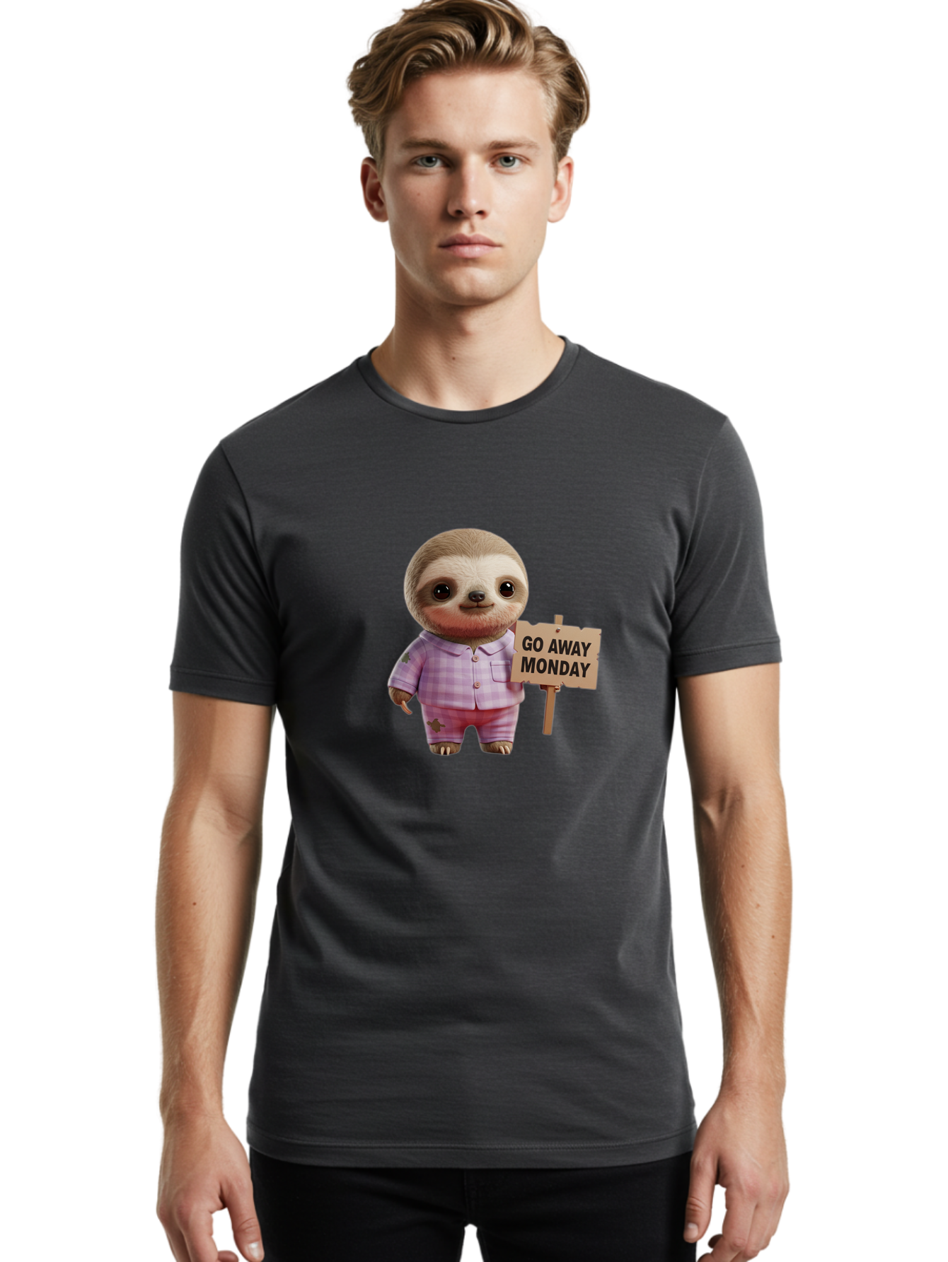 Sloth-Go-Away-Monday Men'S Graphic Tee, 100% Cotton, Comfortable Casual Summer Wear, Machine Washable, Sloth In Pajamas, Cartoon Character, Humorous Illustration, Funny Animal, Monday Motivation, Lazy Sloth, Cute Creature, Playful Design, Bae755 25
