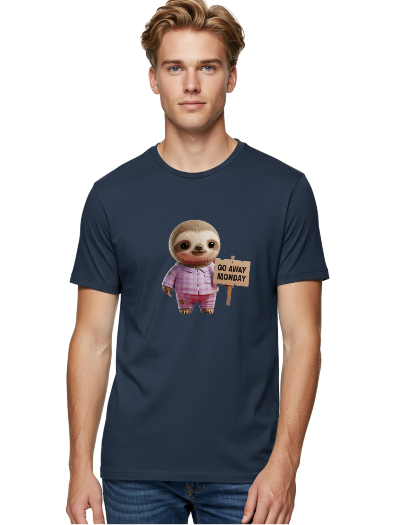 Sloth-Go-Away-Monday Men'S Graphic Tee, 100% Cotton, Comfortable Casual Summer Wear, Machine Washable, Sloth In Pajamas, Cartoon Character, Humorous Illustration, Funny Animal, Monday Motivation, Lazy Sloth, Cute Creature, Playful Design, Bae755 29