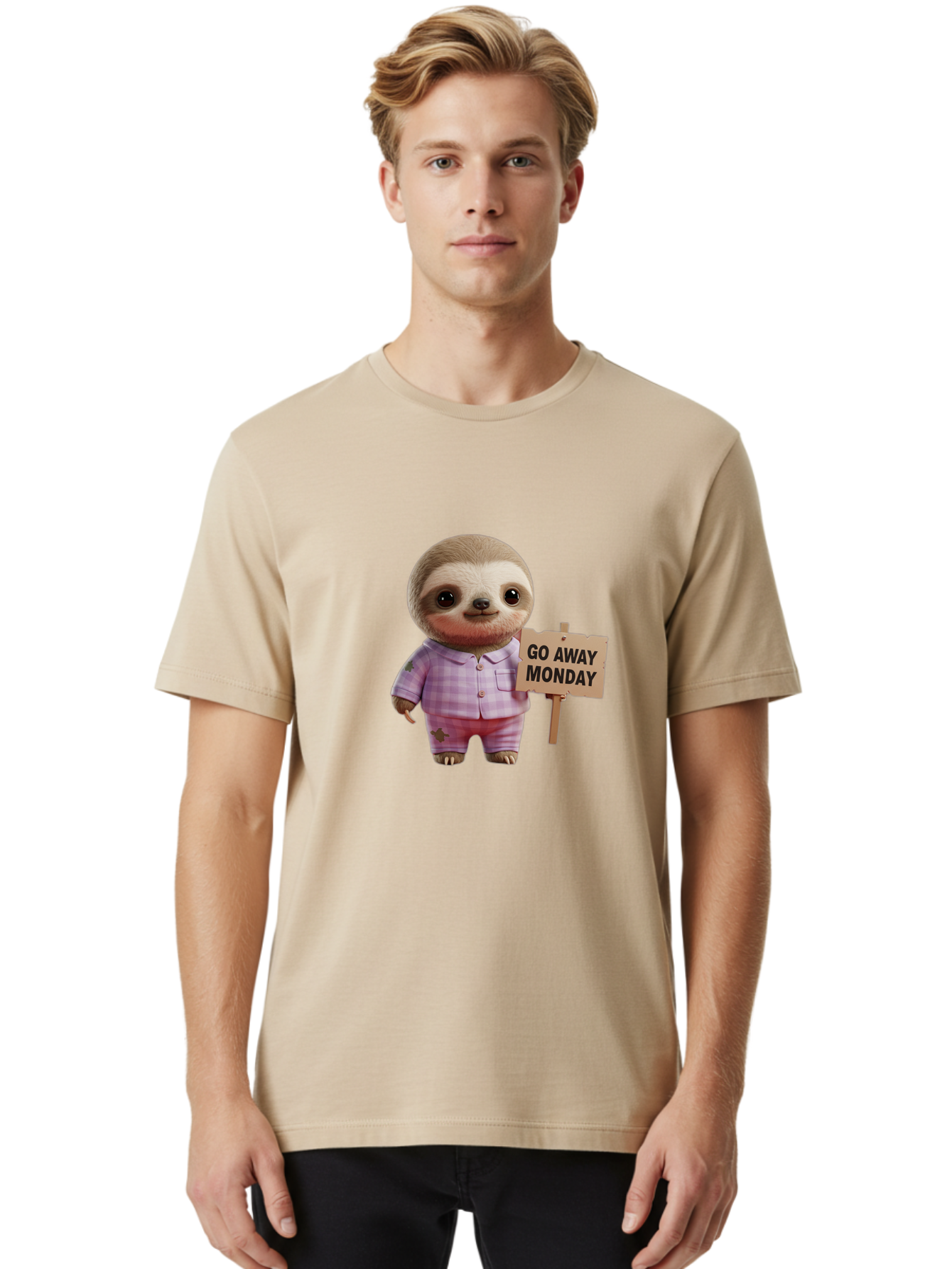 Sloth-Go-Away-Monday Men'S Graphic Tee, 100% Cotton, Comfortable Casual Summer Wear, Machine Washable, Sloth In Pajamas, Cartoon Character, Humorous Illustration, Funny Animal, Monday Motivation, Lazy Sloth, Cute Creature, Playful Design, Bae755 30