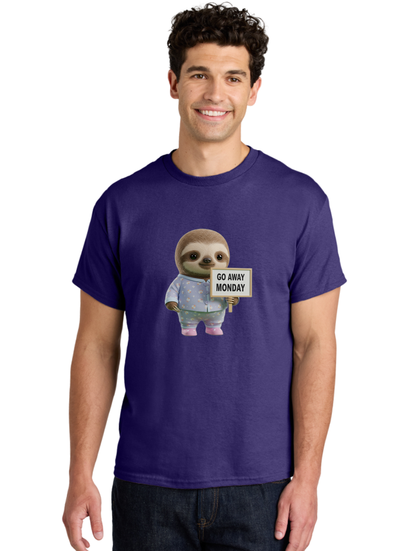 Sloth-Holding-Sign-Go-Away-Monday Men'S Graphic Tee, 100% Cotton, Comfortable Casual Summer Wear, Machine Washable, Sloth In Pajamas, Funny Animal, Cute Sloth, Humorous Sign, Go Away Monday, Lazy Morning, Cartoon Character, Playful Graphics, Bae756 19