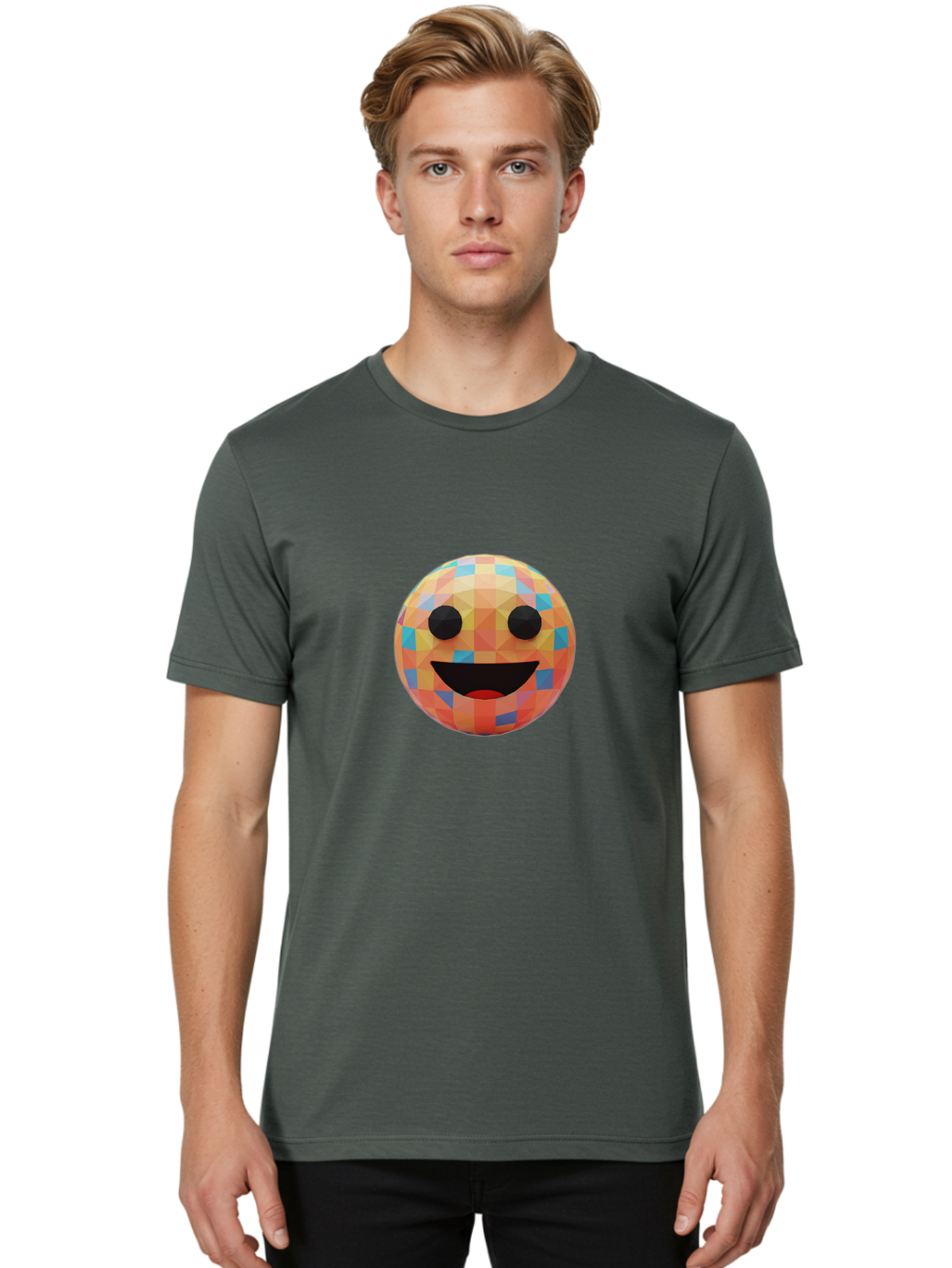 Smile-Ball Men'S Graphic Tee, 100% Cotton, Comfortable Casual Summer Wear, Machine Washable, Low Poly Orb, Happy Face, Smiling Emoji, Colorful Pattern, 3D Design, Vibrant Colors, Emotive Expression, Modern Art Style, Geometric Shapes, Bae759 25