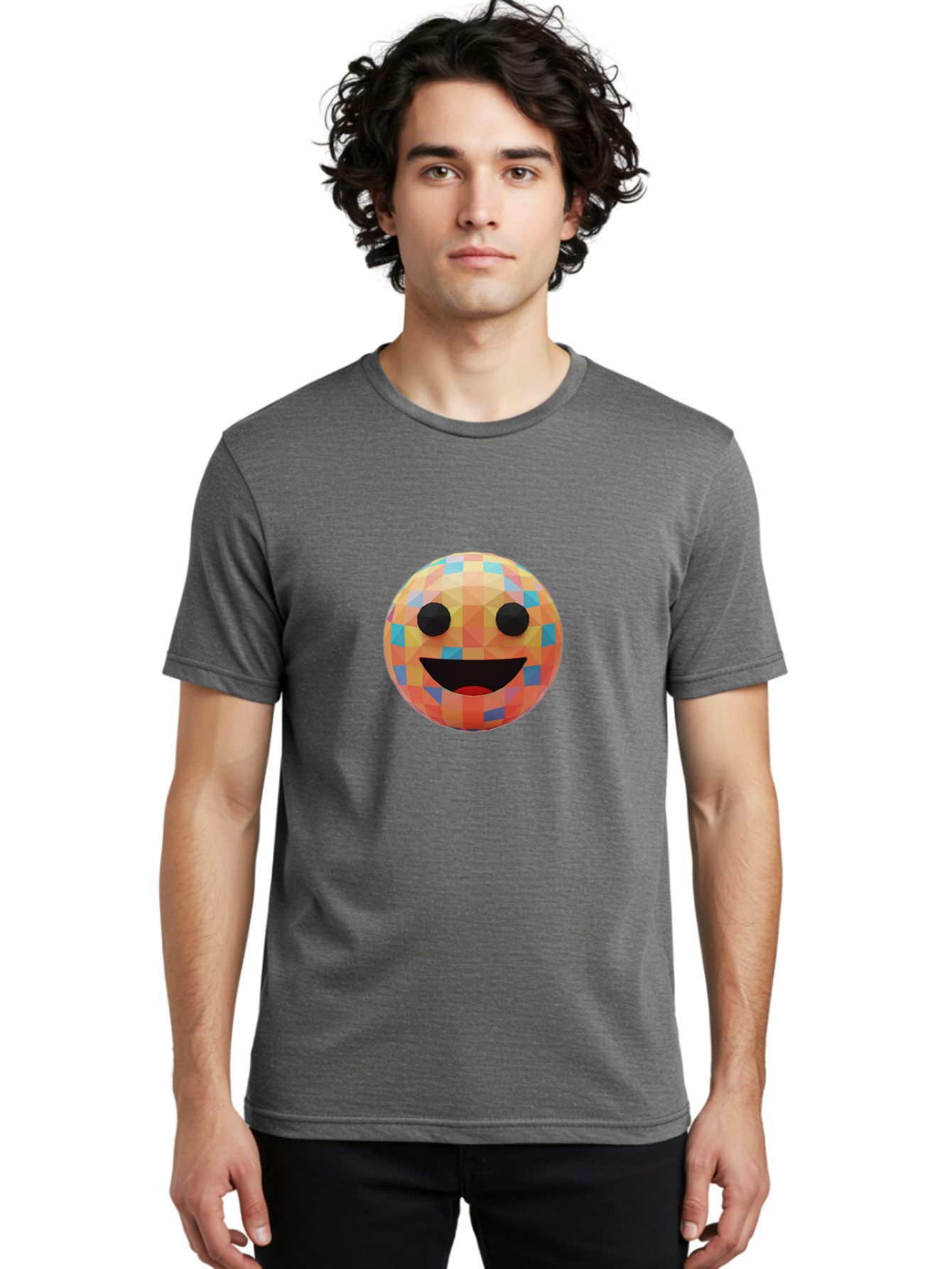 Smile-Ball Men'S Graphic Tee, 100% Cotton, Comfortable Casual Summer Wear, Machine Washable, Low Poly Orb, Happy Face, Smiling Emoji, Colorful Pattern, 3D Design, Vibrant Colors, Emotive Expression, Modern Art Style, Geometric Shapes, Bae759 29