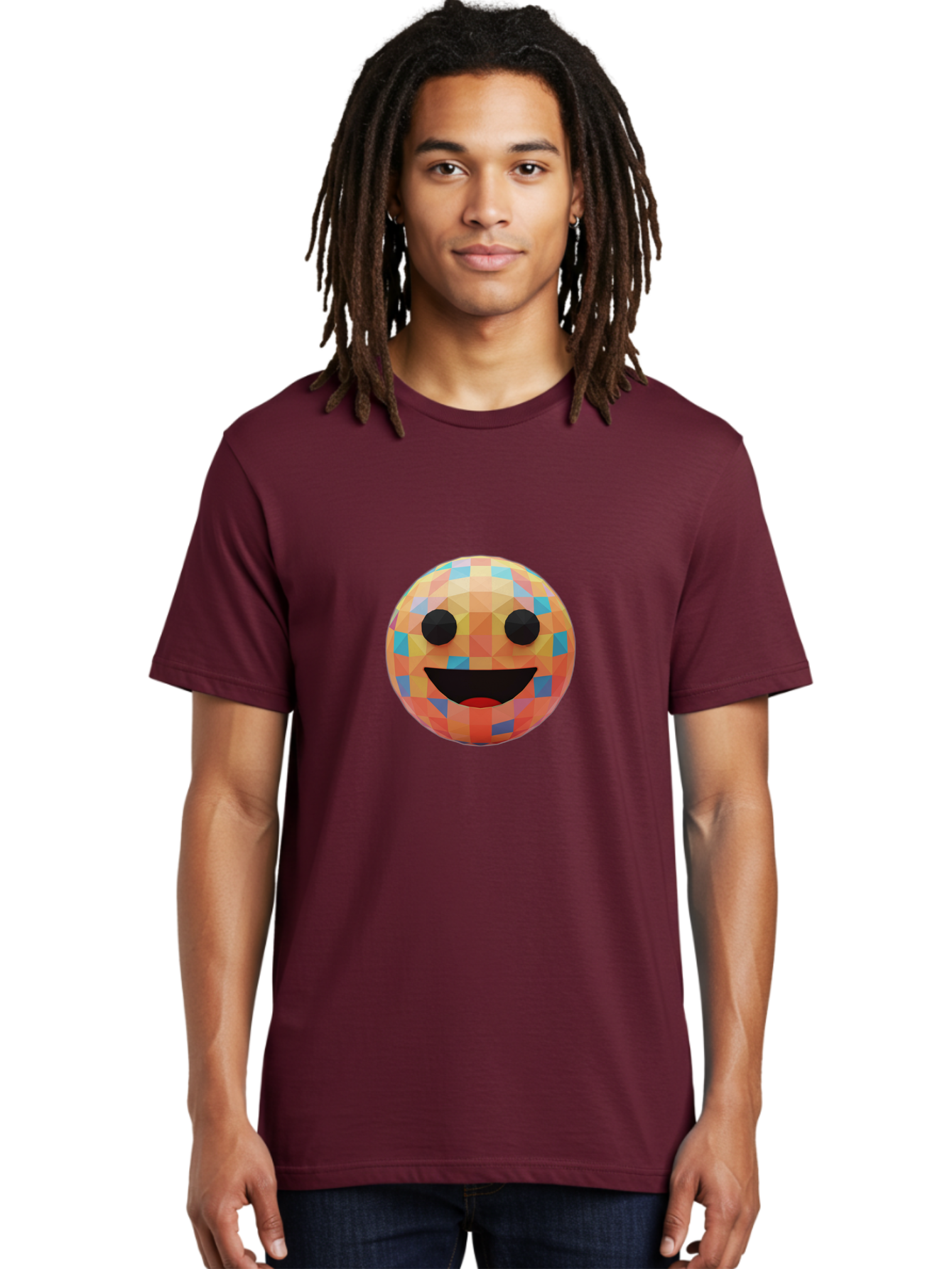 Smile-Ball Men'S Graphic Tee, 100% Cotton, Comfortable Casual Summer Wear, Machine Washable, Low Poly Orb, Happy Face, Smiling Emoji, Colorful Pattern, 3D Design, Vibrant Colors, Emotive Expression, Modern Art Style, Geometric Shapes, Bae759 18