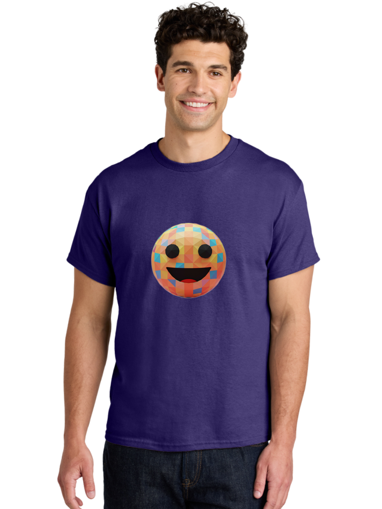 Smile-Ball Men'S Graphic Tee, 100% Cotton, Comfortable Casual Summer Wear, Machine Washable, Low Poly Orb, Happy Face, Smiling Emoji, Colorful Pattern, 3D Design, Vibrant Colors, Emotive Expression, Modern Art Style, Geometric Shapes, Bae759 24