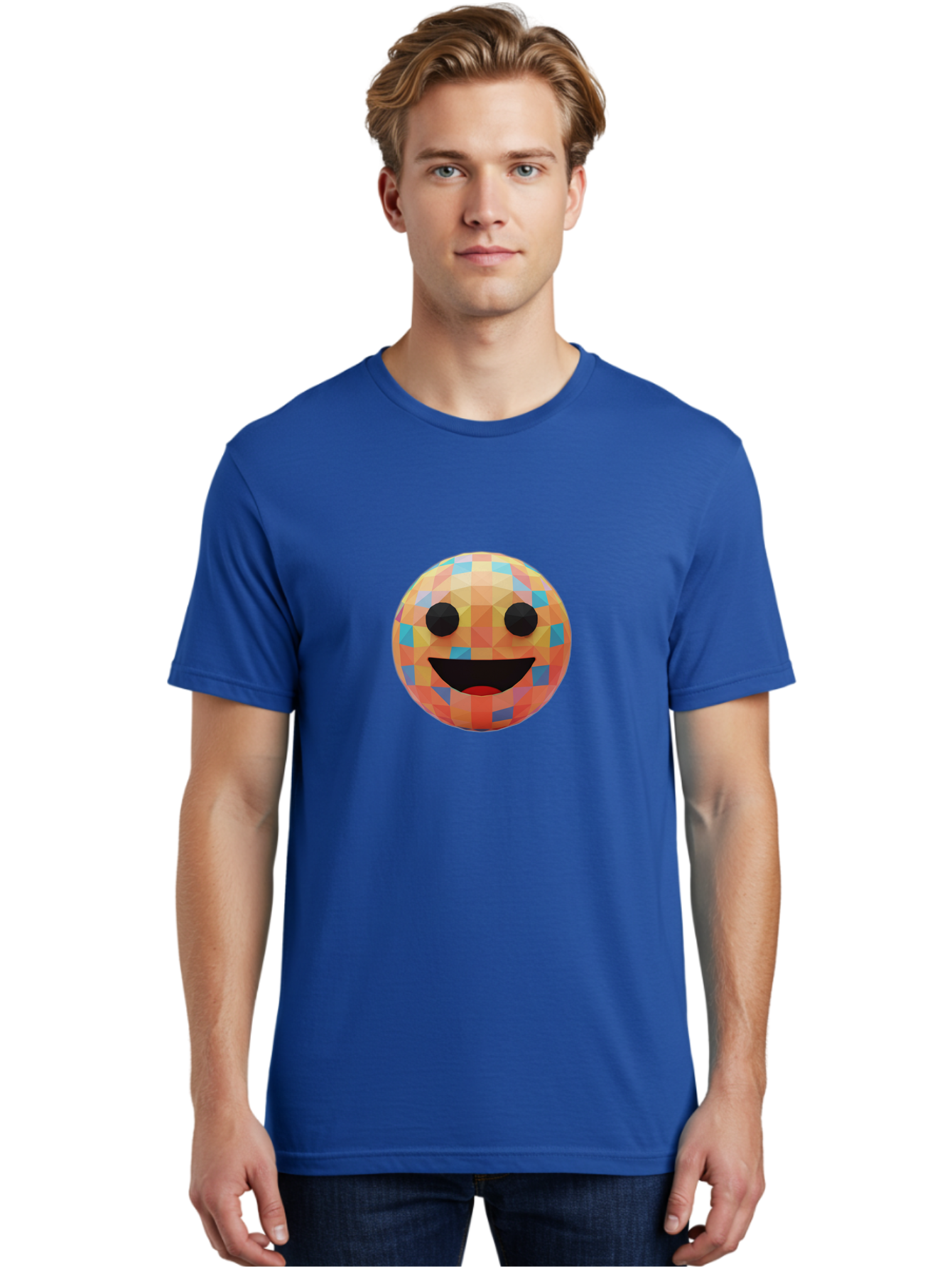 Smile-Ball Men'S Graphic Tee, 100% Cotton, Comfortable Casual Summer Wear, Machine Washable, Low Poly Orb, Happy Face, Smiling Emoji, Colorful Pattern, 3D Design, Vibrant Colors, Emotive Expression, Modern Art Style, Geometric Shapes, Bae759 22