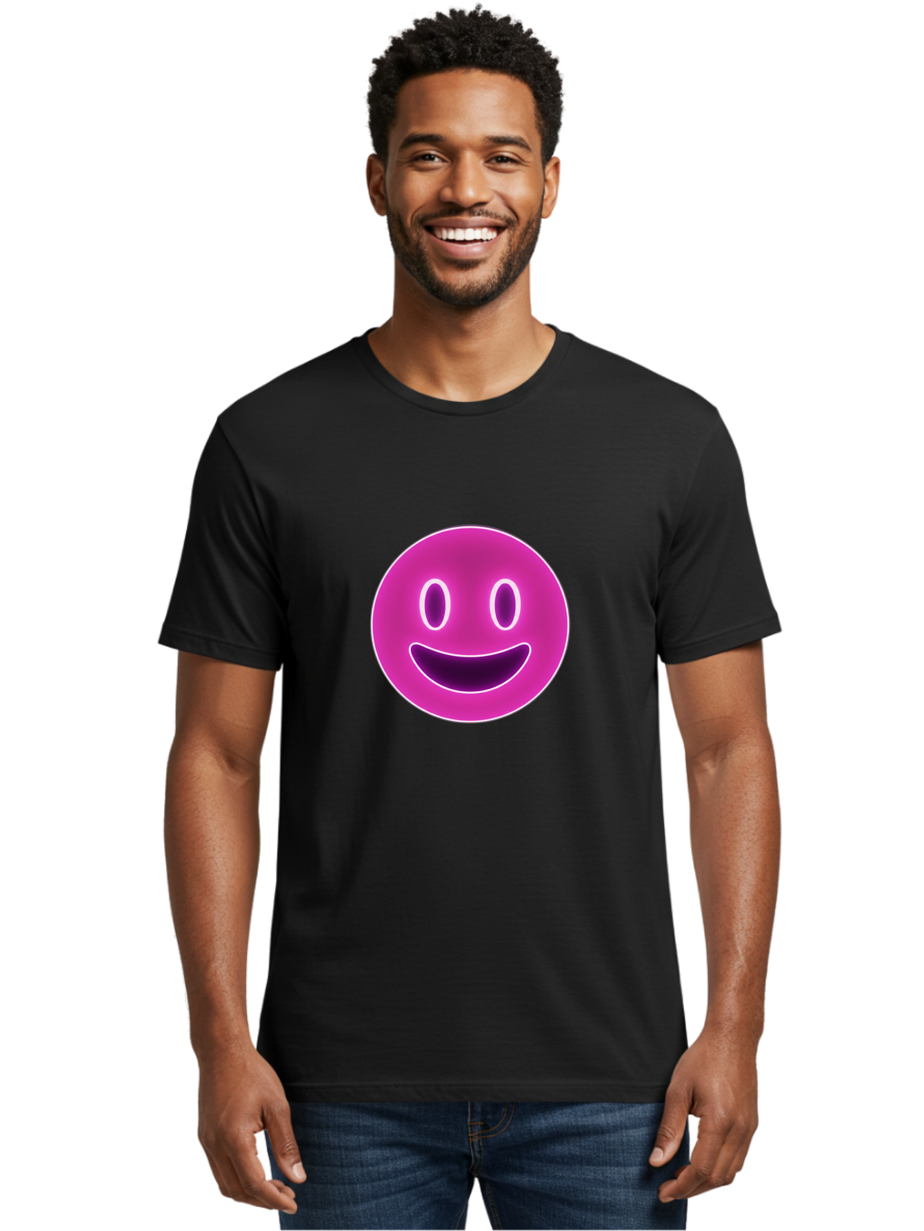 Smiley-Face Men'S Graphic Tee, 100% Cotton, Comfortable Casual Summer Wear, Machine Washable, Smiley Face, Happy Expression, Purple Emoticon, Neon Glow, Simple Design, Positive Vibe, Emotive Icon, Social Media Symbol, Emoticon, Happiness, Bae760 25