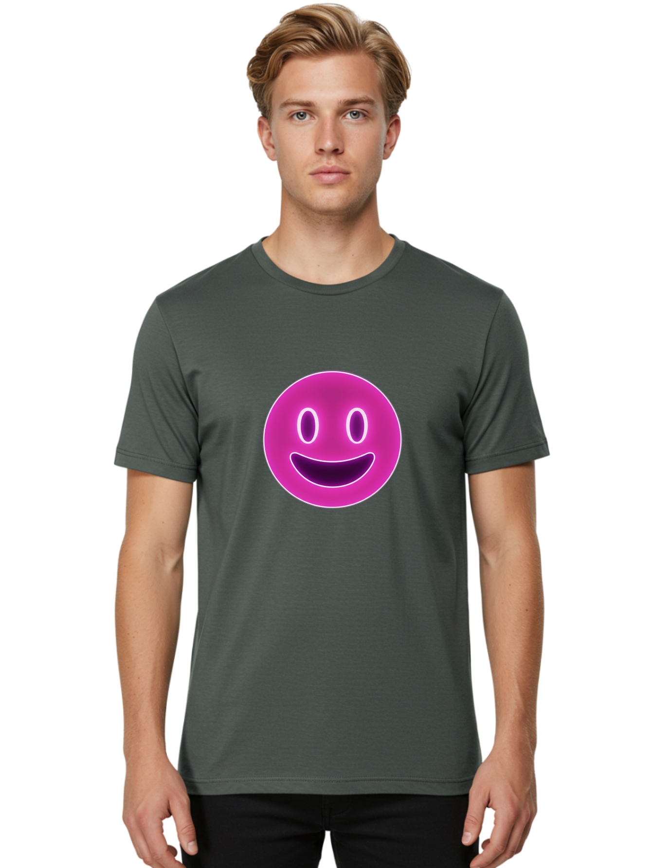 Smiley-Face Men'S Graphic Tee, 100% Cotton, Comfortable Casual Summer Wear, Machine Washable, Smiley Face, Happy Expression, Purple Emoticon, Neon Glow, Simple Design, Positive Vibe, Emotive Icon, Social Media Symbol, Emoticon, Happiness, Bae760 16