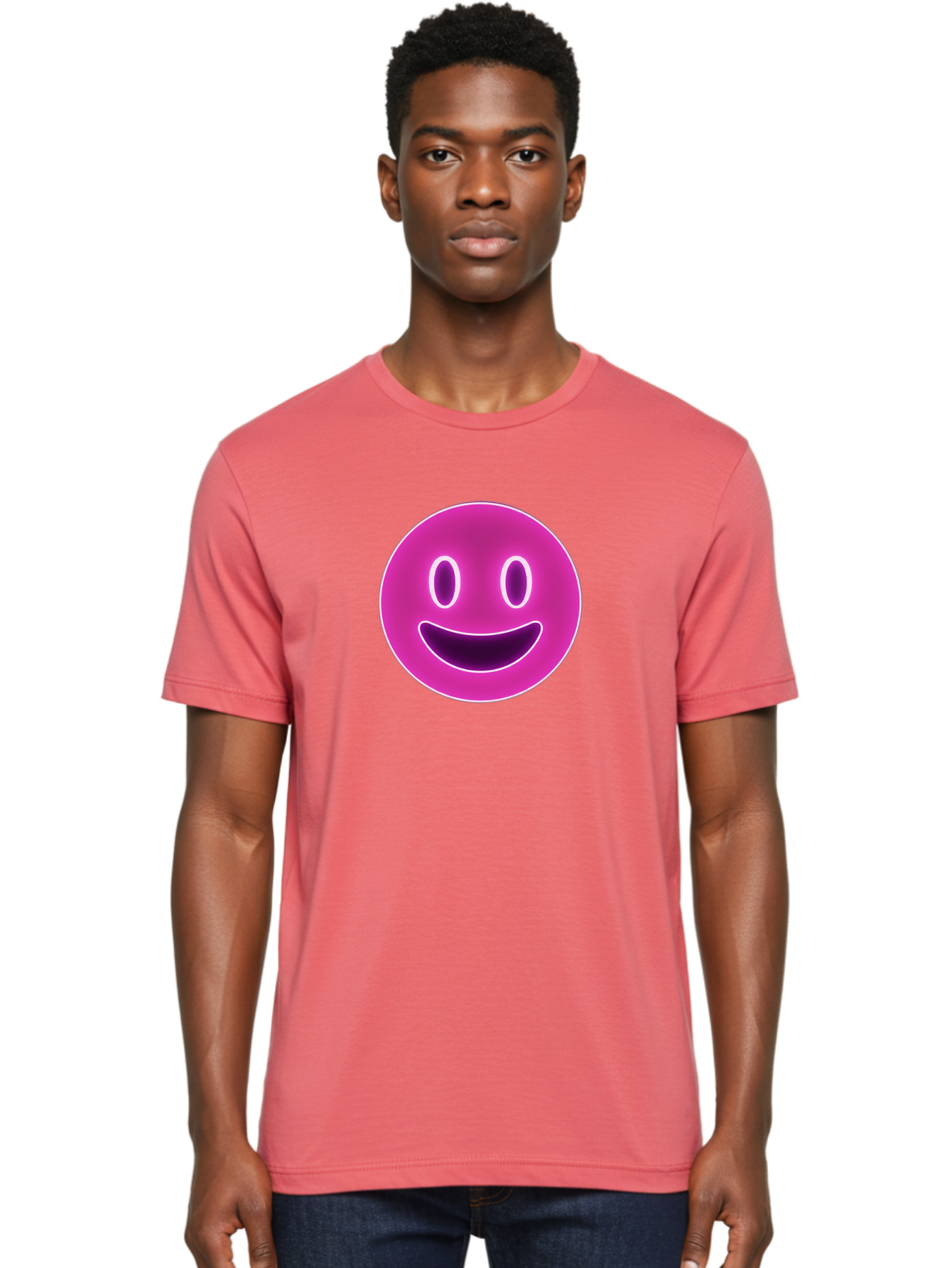 Smiley-Face Men'S Graphic Tee, 100% Cotton, Comfortable Casual Summer Wear, Machine Washable, Smiley Face, Happy Expression, Purple Emoticon, Neon Glow, Simple Design, Positive Vibe, Emotive Icon, Social Media Symbol, Emoticon, Happiness, Bae760 27