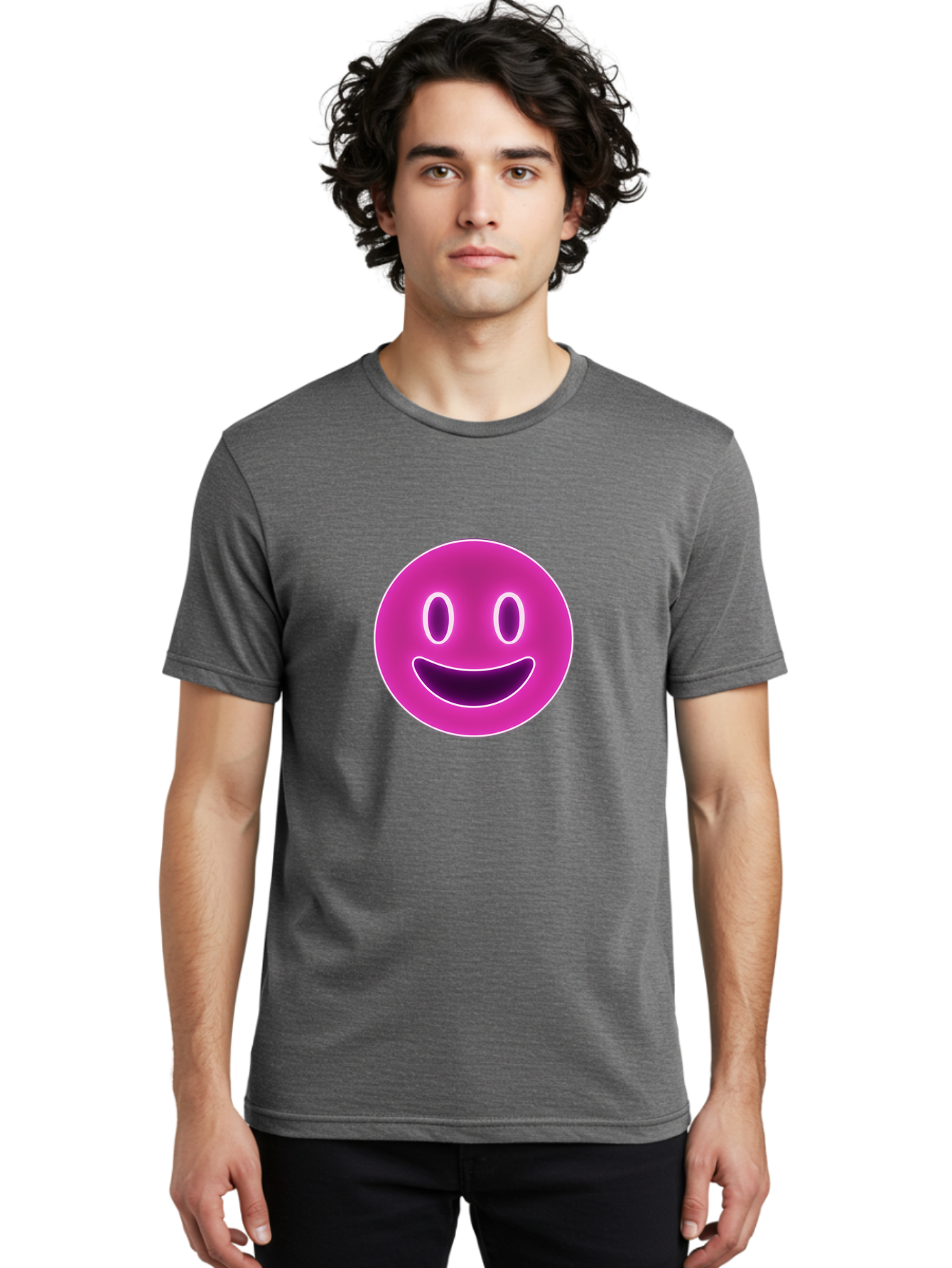 Smiley-Face Men'S Graphic Tee, 100% Cotton, Comfortable Casual Summer Wear, Machine Washable, Smiley Face, Happy Expression, Purple Emoticon, Neon Glow, Simple Design, Positive Vibe, Emotive Icon, Social Media Symbol, Emoticon, Happiness, Bae760 22