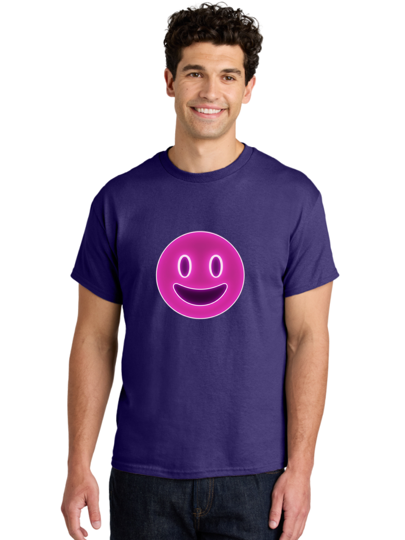 Smiley-Face Men'S Graphic Tee, 100% Cotton, Comfortable Casual Summer Wear, Machine Washable, Smiley Face, Happy Expression, Purple Emoticon, Neon Glow, Simple Design, Positive Vibe, Emotive Icon, Social Media Symbol, Emoticon, Happiness, Bae760 29