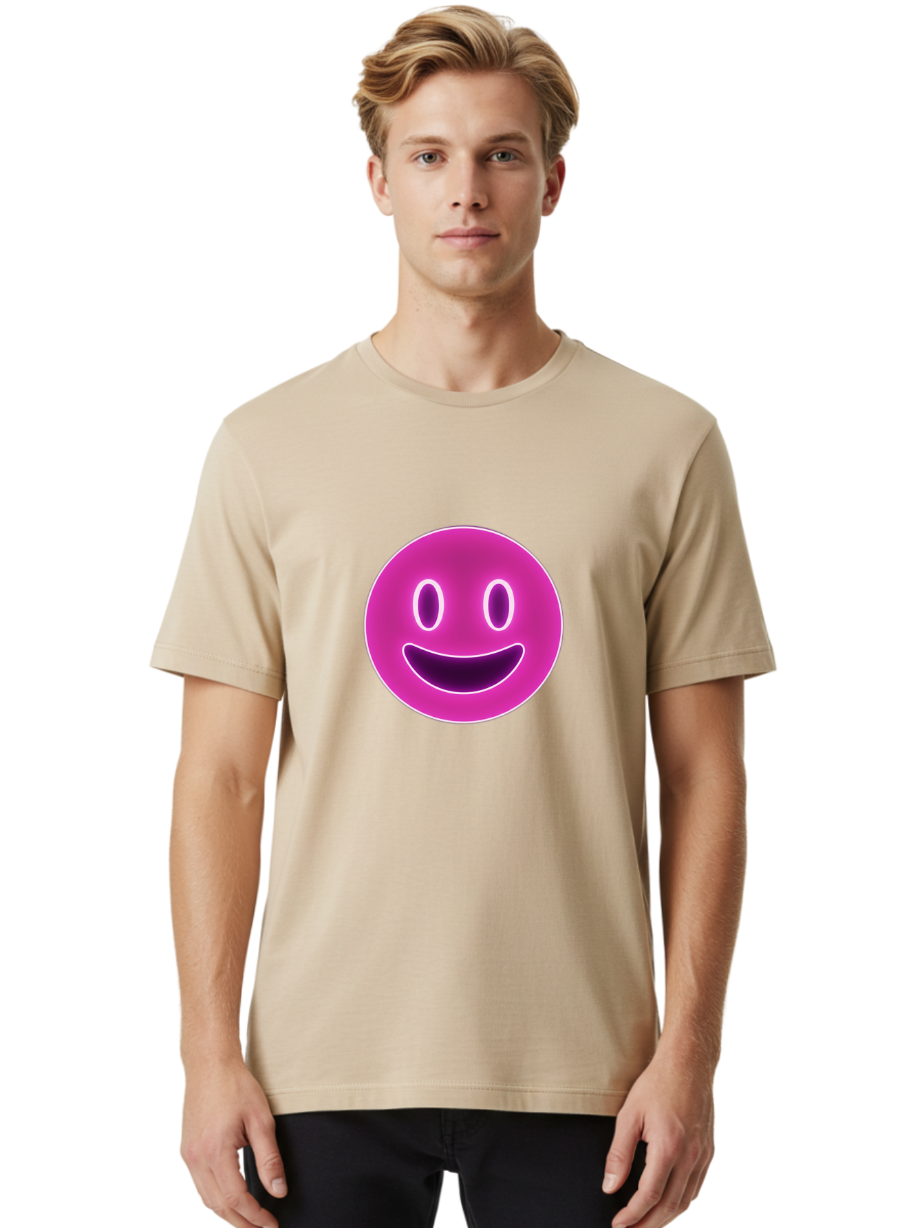 Smiley-Face Men'S Graphic Tee, 100% Cotton, Comfortable Casual Summer Wear, Machine Washable, Smiley Face, Happy Expression, Purple Emoticon, Neon Glow, Simple Design, Positive Vibe, Emotive Icon, Social Media Symbol, Emoticon, Happiness, Bae760 24