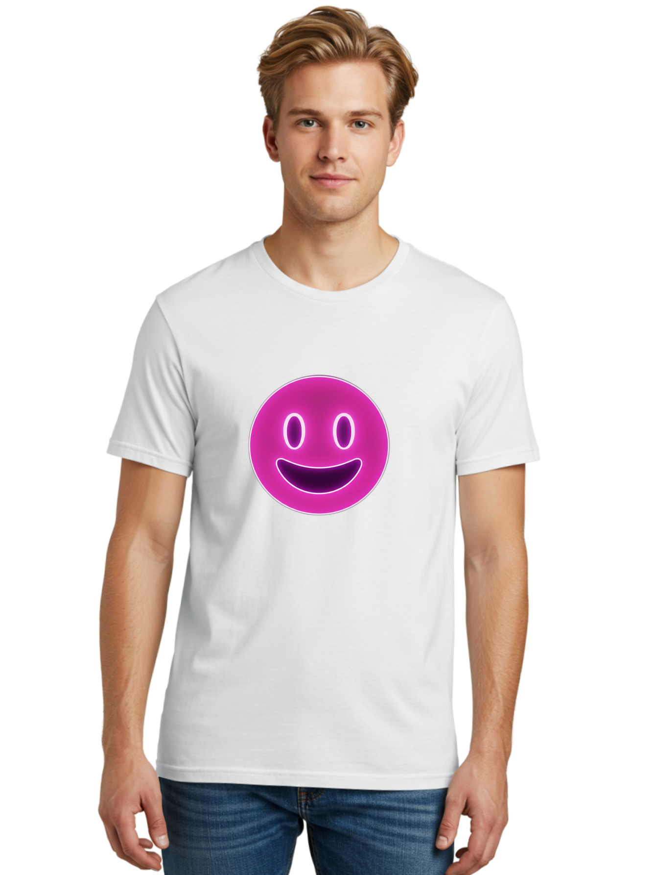 Smiley-Face Men'S Graphic Tee, 100% Cotton, Comfortable Casual Summer Wear, Machine Washable, Smiley Face, Happy Expression, Purple Emoticon, Neon Glow, Simple Design, Positive Vibe, Emotive Icon, Social Media Symbol, Emoticon, Happiness, Bae760 21