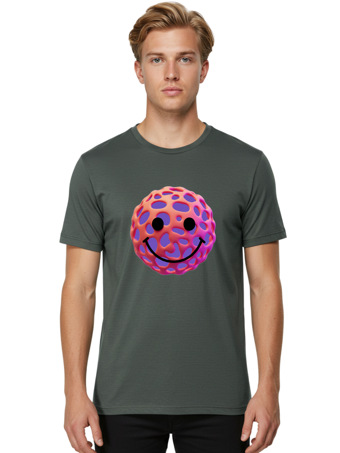 Smiley-Virus Men'S Graphic Tee, 100% Cotton, Comfortable Casual Summer Wear, Machine Washable, Smiley Face, Happy Emoji, Pink And Orange Gradient, Playful Design, 3D Illustration, Digital Art, Cute Character, Smiley Emoticon, Emoticon Bae761 26