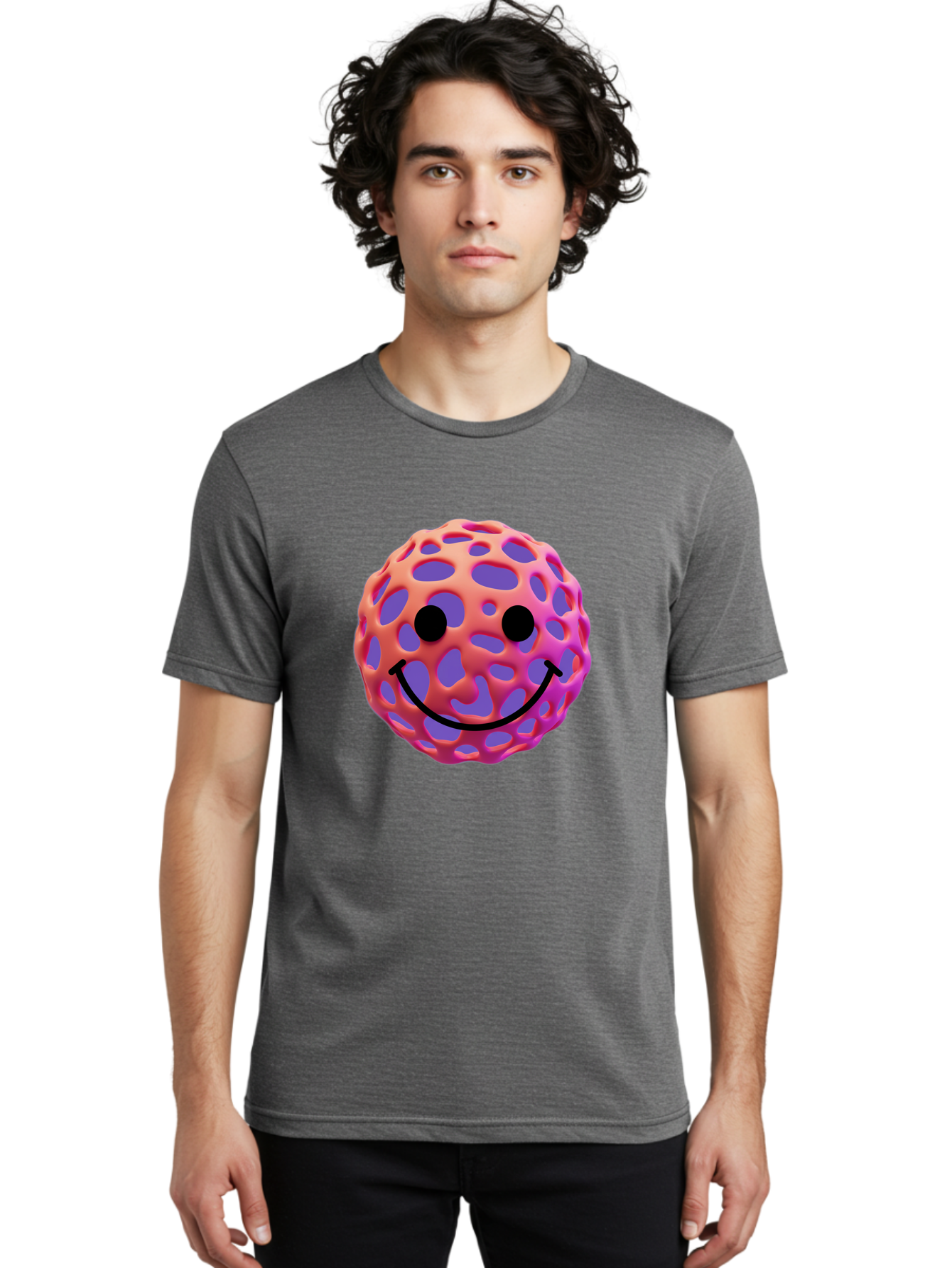 Smiley-Virus Men'S Graphic Tee, 100% Cotton, Comfortable Casual Summer Wear, Machine Washable, Smiley Face, Happy Emoji, Pink And Orange Gradient, Playful Design, 3D Illustration, Digital Art, Cute Character, Smiley Emoticon, Emoticon Bae761 29