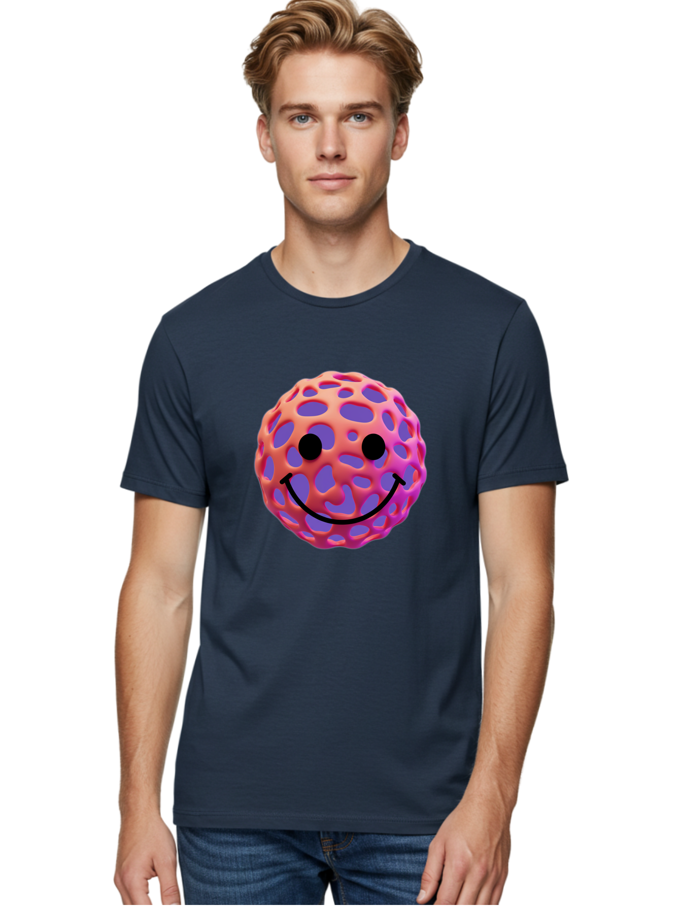 Smiley-Virus Men'S Graphic Tee, 100% Cotton, Comfortable Casual Summer Wear, Machine Washable, Smiley Face, Happy Emoji, Pink And Orange Gradient, Playful Design, 3D Illustration, Digital Art, Cute Character, Smiley Emoticon, Emoticon Bae761 19