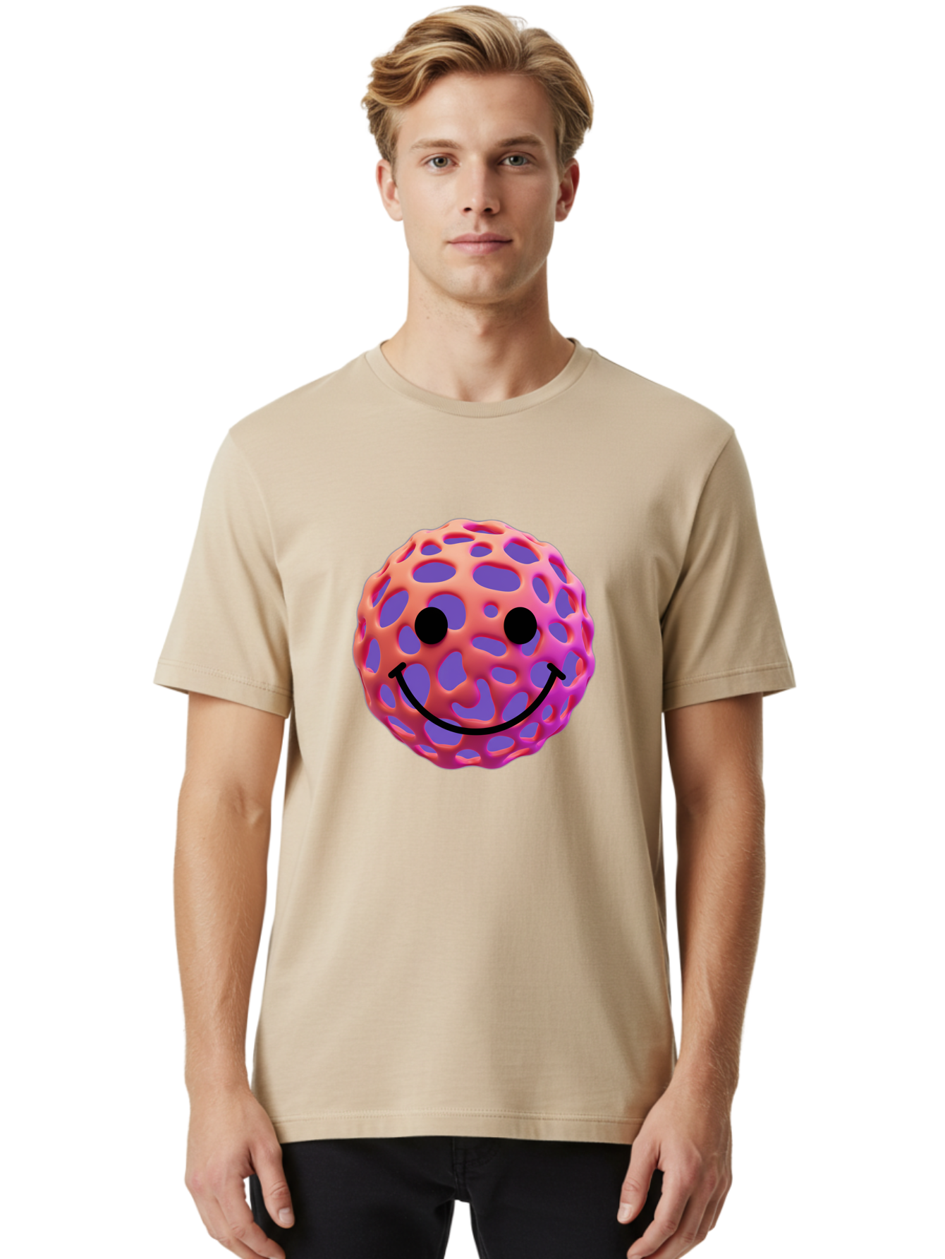 Smiley-Virus Men'S Graphic Tee, 100% Cotton, Comfortable Casual Summer Wear, Machine Washable, Smiley Face, Happy Emoji, Pink And Orange Gradient, Playful Design, 3D Illustration, Digital Art, Cute Character, Smiley Emoticon, Emoticon Bae761 30