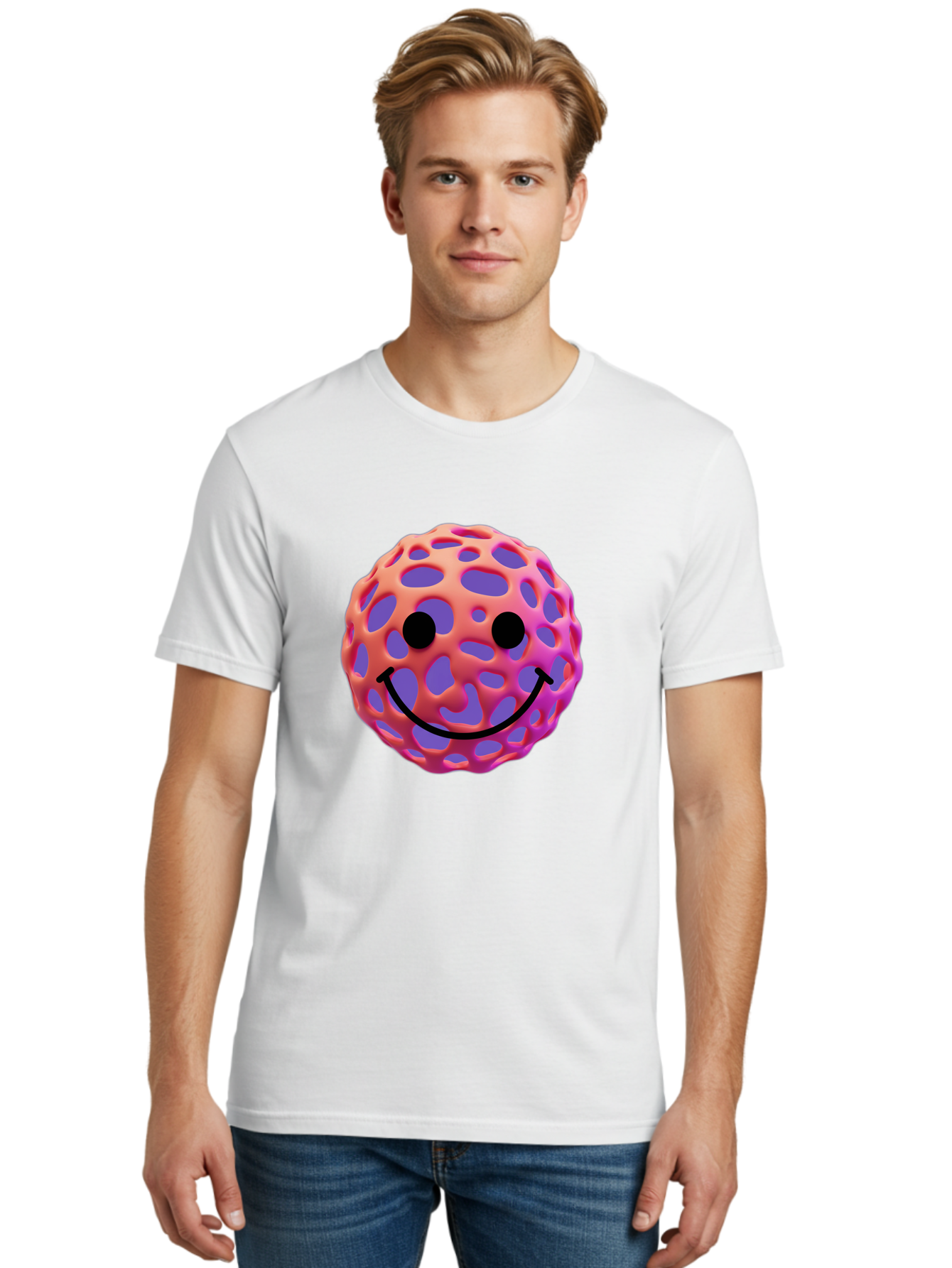 Smiley-Virus Men'S Graphic Tee, 100% Cotton, Comfortable Casual Summer Wear, Machine Washable, Smiley Face, Happy Emoji, Pink And Orange Gradient, Playful Design, 3D Illustration, Digital Art, Cute Character, Smiley Emoticon, Emoticon Bae761 27