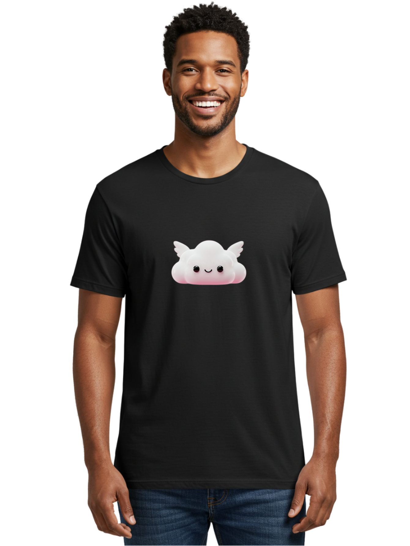 Smiling-Cloud Men'S Graphic Tee, 100% Cotton, Comfortable Casual Summer Wear, Machine Washable, Cartoon Cloud, Cute Character, Smiling Face, Winged Creature, Fluffy Texture, Soft Pink Hue, Adorable Design, Digital Illustration, Kawaii Art Bae765 21
