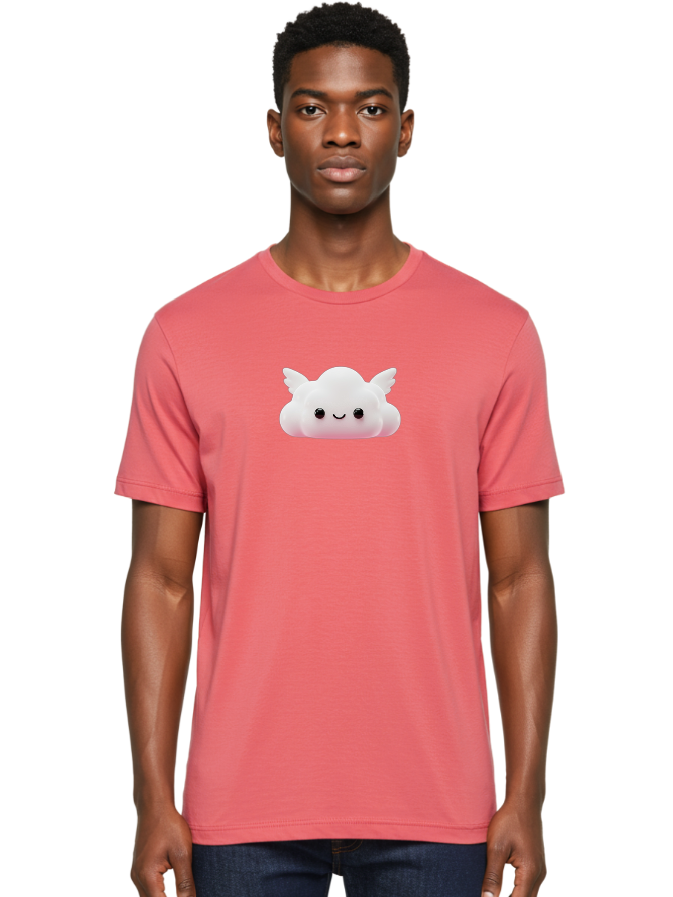 Smiling-Cloud Men'S Graphic Tee, 100% Cotton, Comfortable Casual Summer Wear, Machine Washable, Cartoon Cloud, Cute Character, Smiling Face, Winged Creature, Fluffy Texture, Soft Pink Hue, Adorable Design, Digital Illustration, Kawaii Art Bae765 19