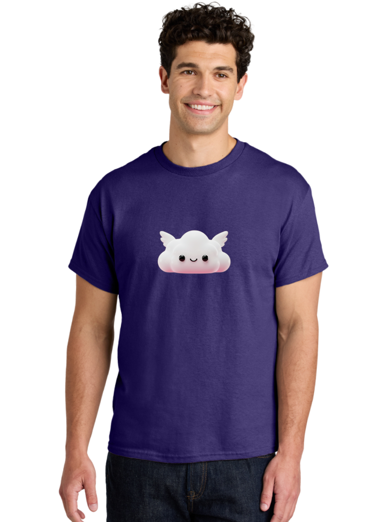 Smiling-Cloud Men'S Graphic Tee, 100% Cotton, Comfortable Casual Summer Wear, Machine Washable, Cartoon Cloud, Cute Character, Smiling Face, Winged Creature, Fluffy Texture, Soft Pink Hue, Adorable Design, Digital Illustration, Kawaii Art Bae765 27